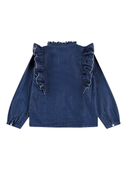 Molo Kids' Raphaella Denim Mandarin Ruffle Shirt, Washed Blue - view 2, Washed Blue