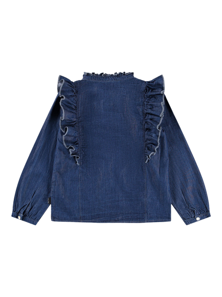 Molo Kids' Raphaella Denim Mandarin Ruffle Shirt, Washed Blue - view 2, Washed Blue