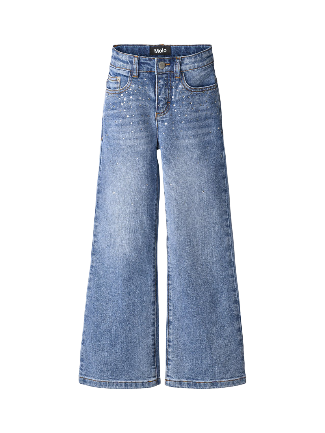 Product image 1 of 5, which shows Molo Kids' Asta Wide Leg Jeans, Rhinestone Denim, 4 years