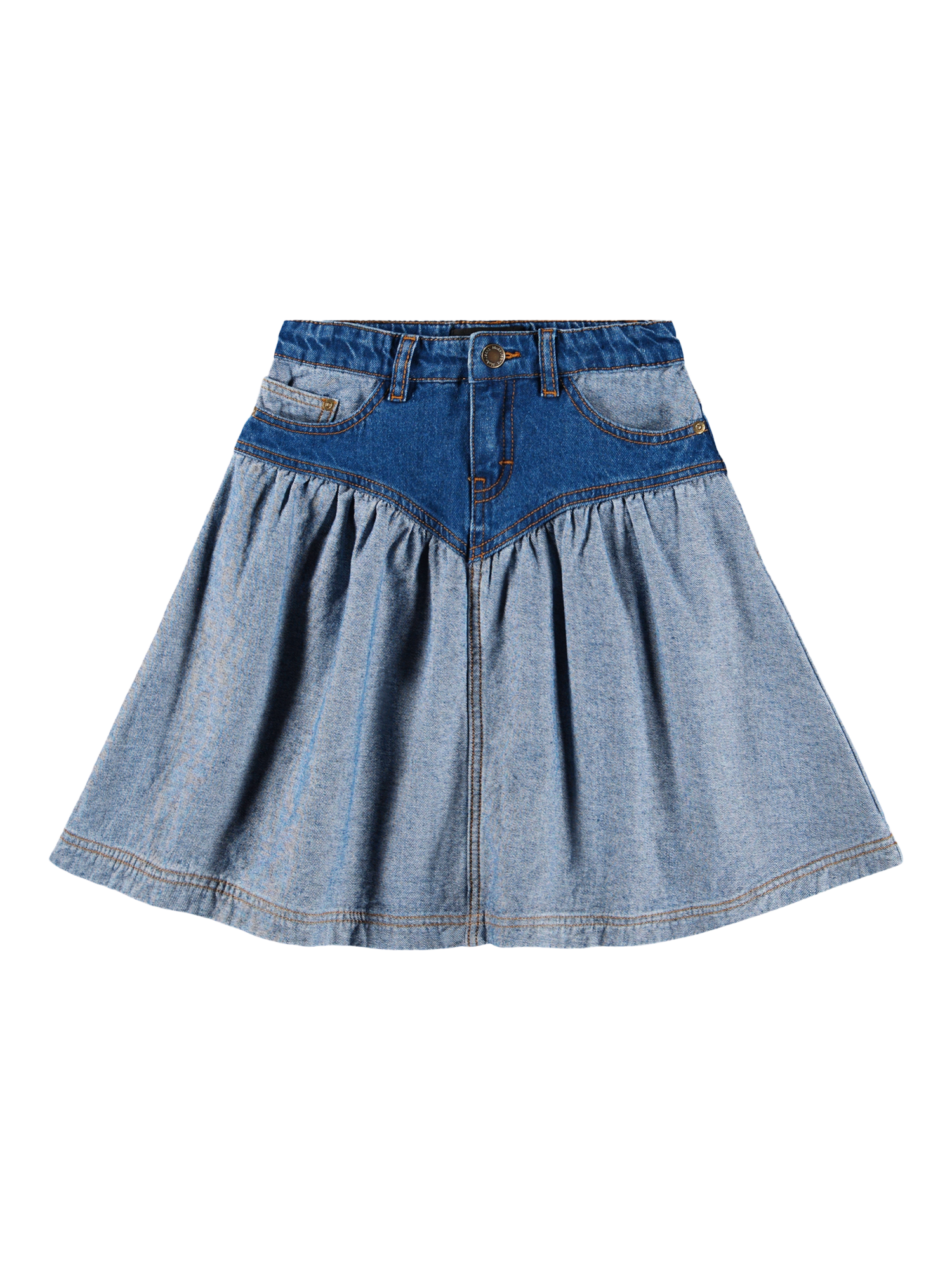 Product image 1 of 4, which shows Molo Kids' Becca Panelled Skirt, Two Sided Denim, 3-4 years