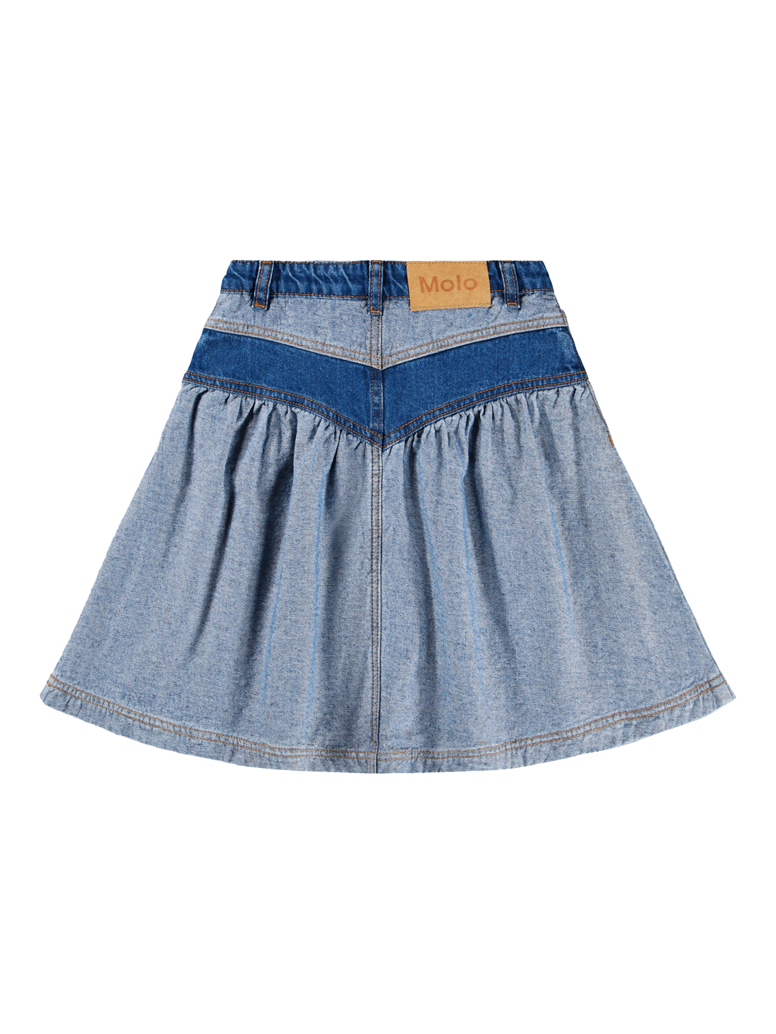Product image 2 of 4, which shows Molo Kids' Becca Panelled Skirt, Two Sided Denim, 3-4 years