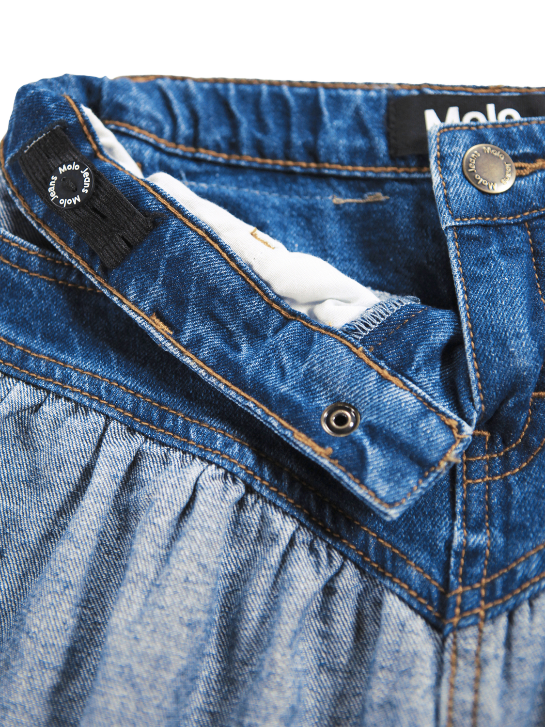Product image 4 of 4, which shows Molo Kids' Becca Panelled Skirt, Two Sided Denim, 3-4 years