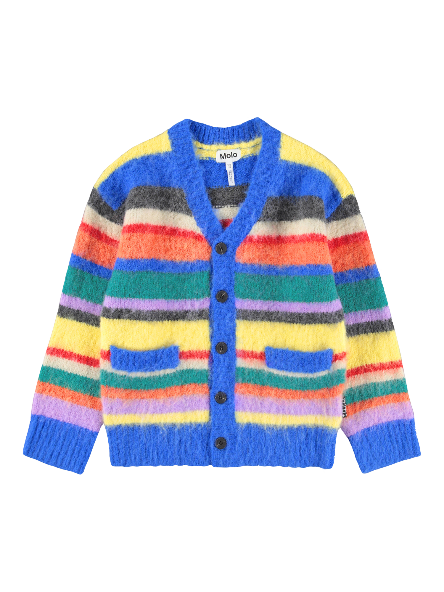 Product image 1 of 6, which shows Molo Kids' Brutus Cardigan, Fuzzy Stripe, 3-4 years