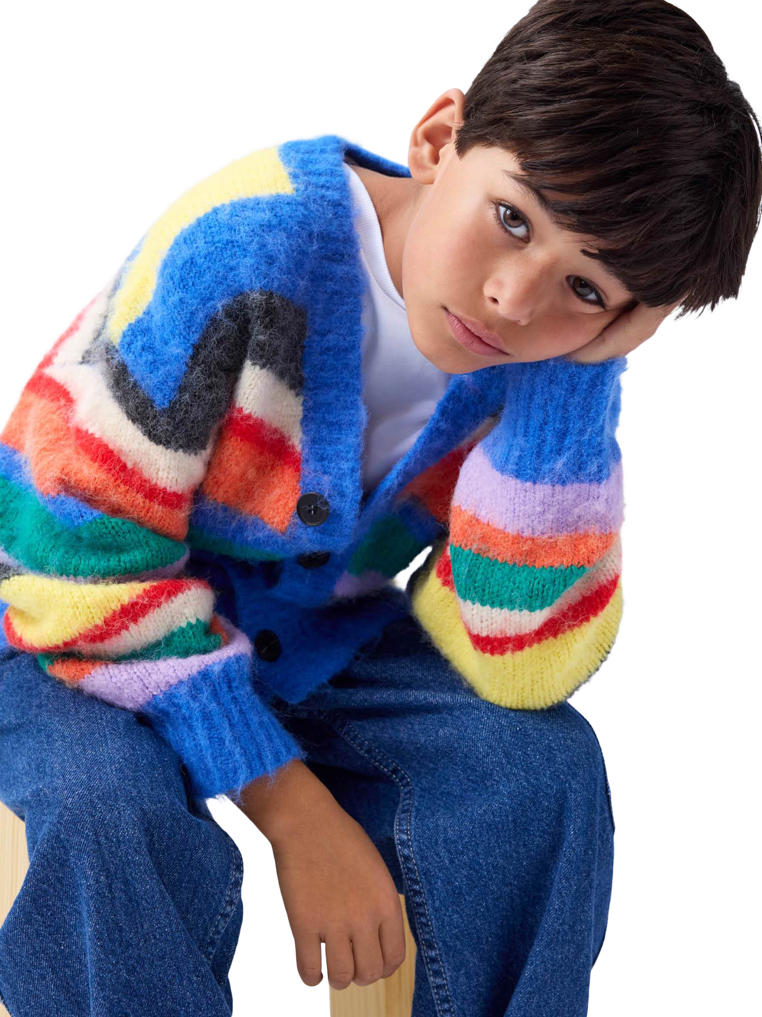 Product image 4 of 6, which shows Molo Kids' Brutus Cardigan, Fuzzy Stripe, 3-4 years