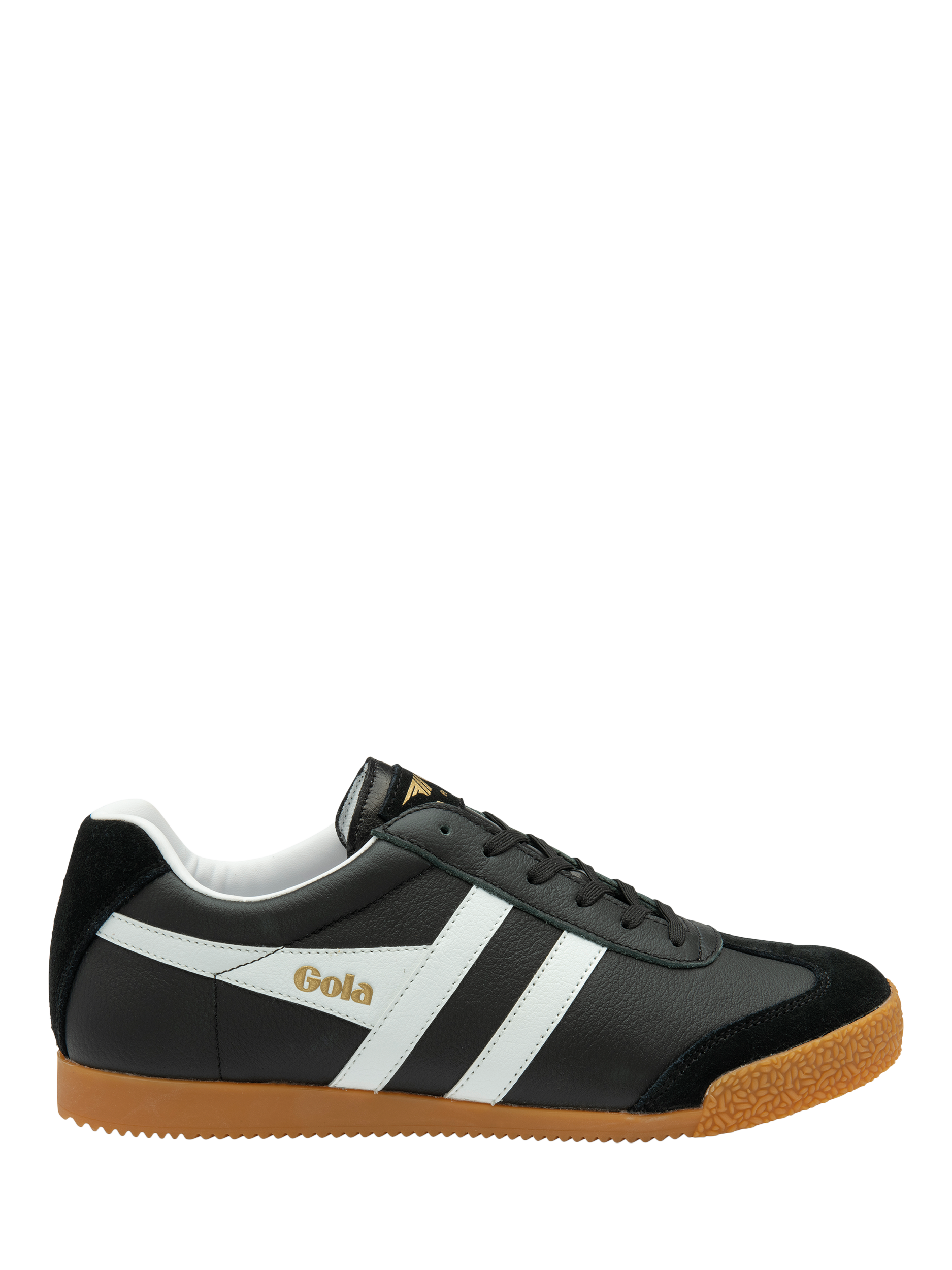 Product image 1 of 5, which shows Gola Harrier Suede Lace Up Trainers, Black/ White, 7