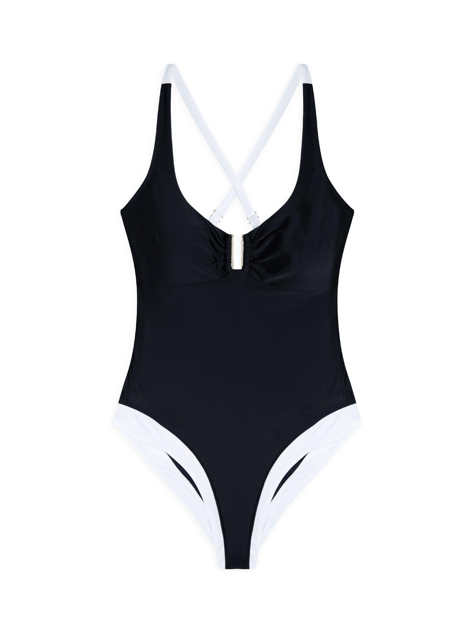 Product image 5 of 7, which shows Chelsea Peers Illusion Cross Back Swim Suit, Black/White, 6