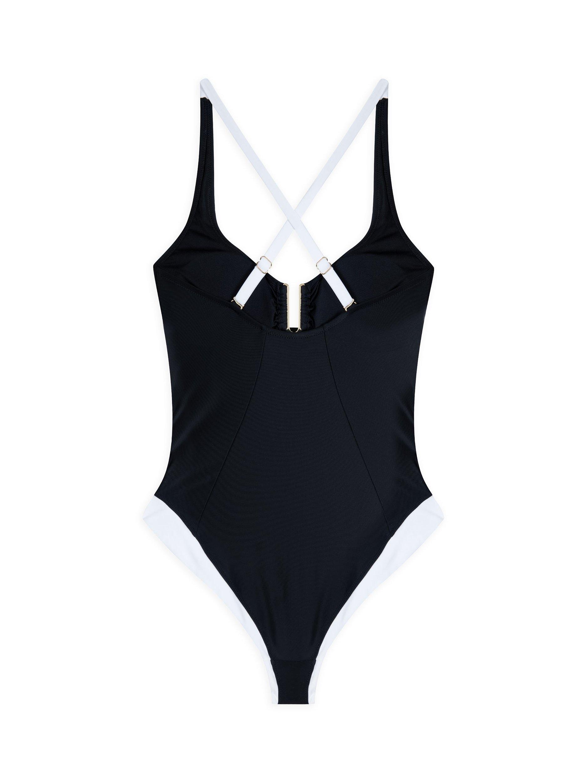 Product image 6 of 7, which shows Chelsea Peers Illusion Cross Back Swim Suit, Black/White, 6