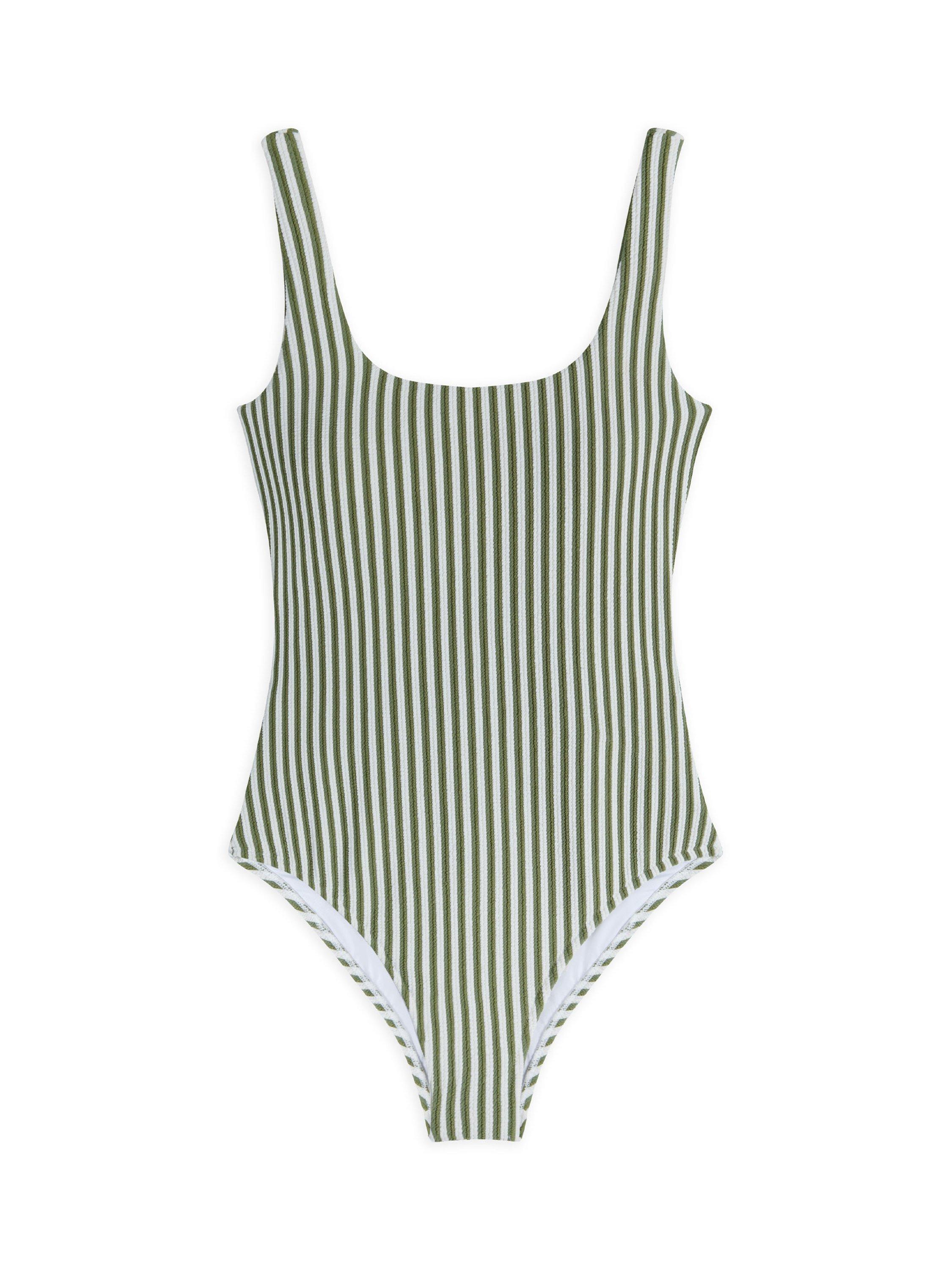 Product image 4 of 6, which shows Chelsea Peers Crinkle Stripe Mixed Blend Swimsuit, Green/White, 18