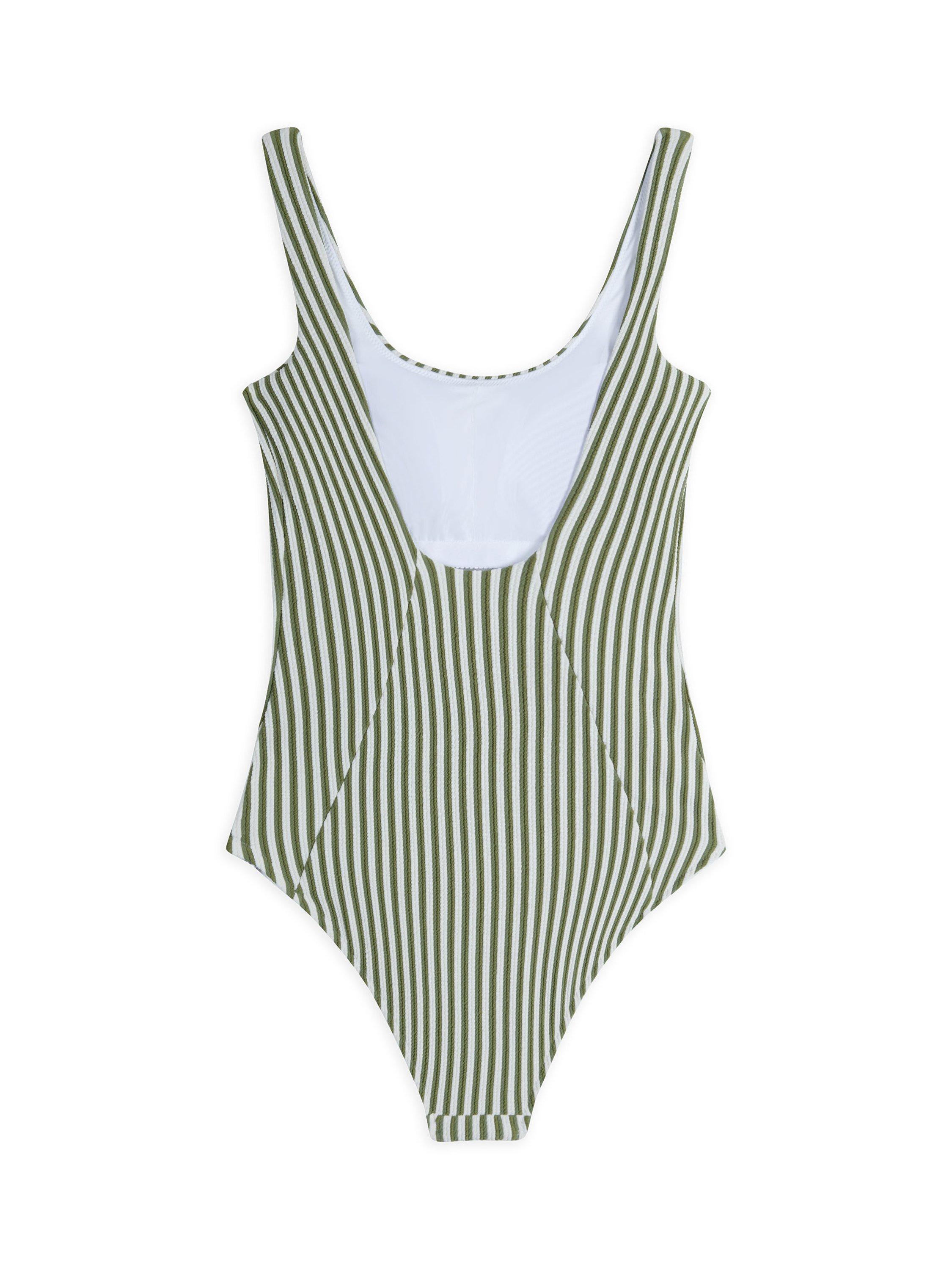 Product image 5 of 6, which shows Chelsea Peers Crinkle Stripe Mixed Blend Swimsuit, Green/White, 18