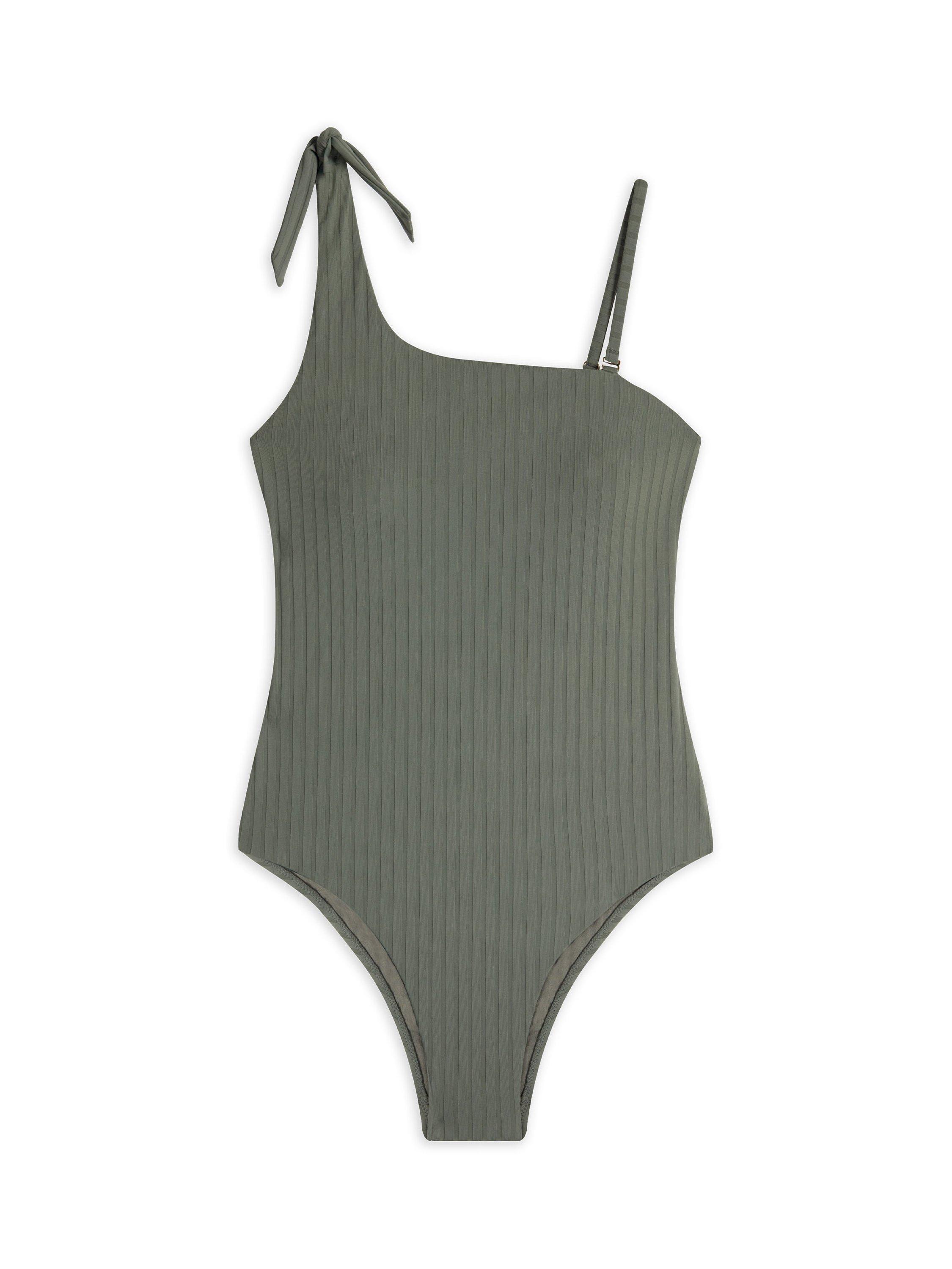 Product image 4 of 6, which shows Chelsea Peers Luxurious Ribbed One Shoulder Mixed Blend Swimsuit, Khaki, 6