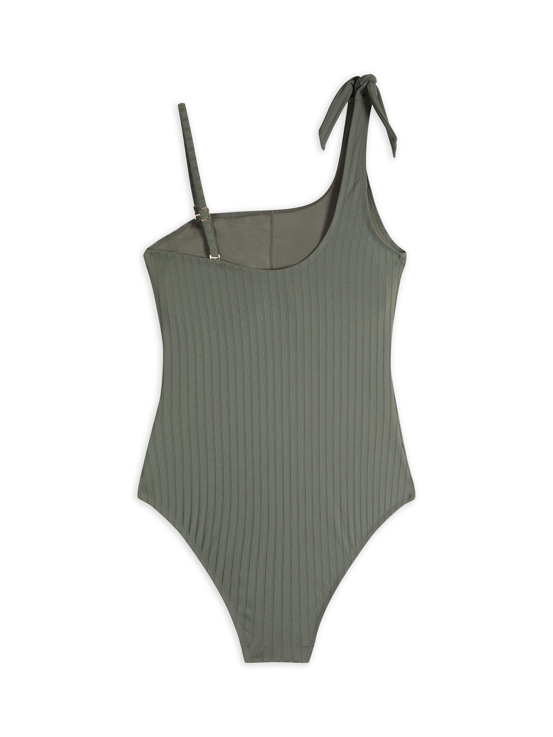 Product image 5 of 6, which shows Chelsea Peers Luxurious Ribbed One Shoulder Mixed Blend Swimsuit, Khaki, 6