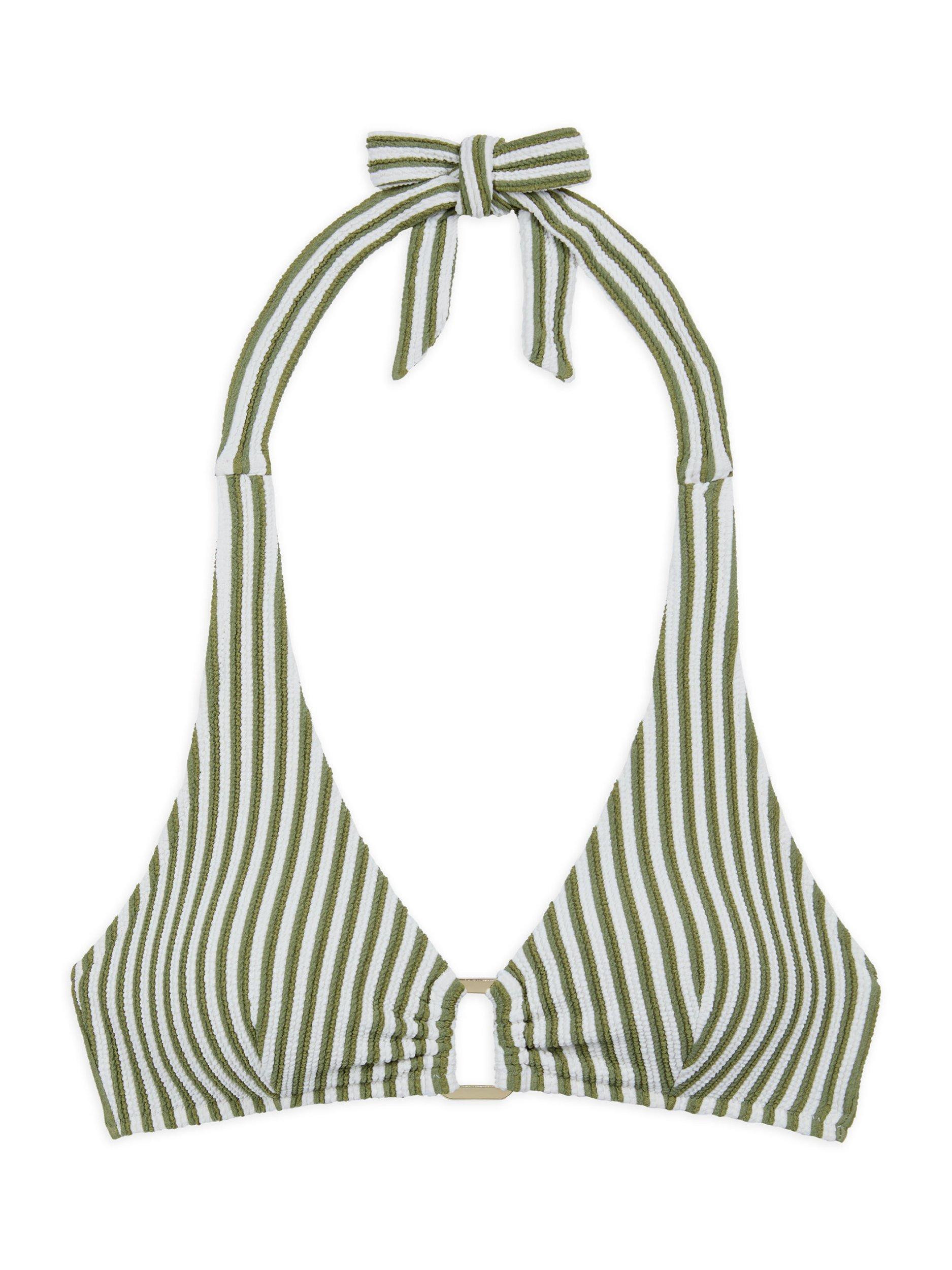 Product image 4 of 6, which shows Chelsea Peers Wireless Crinkle Stripe Mixed Blend Halterneck Bikini Top, Green/White, 18