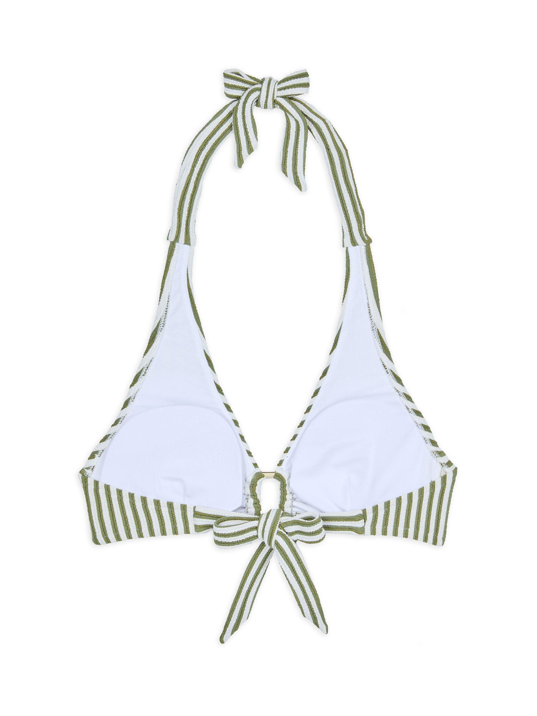 Product image 5 of 6, which shows Chelsea Peers Wireless Crinkle Stripe Mixed Blend Halterneck Bikini Top, Green/White, 18