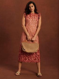 Mint Velvet Abstract Frill Sleeve Midi Dress, Orange/Multi, Orange/Multi