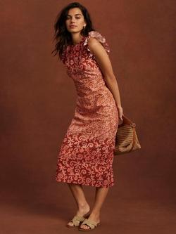 Mint Velvet Abstract Frill Sleeve Midi Dress, Orange/Multi - view 2, Orange/Multi