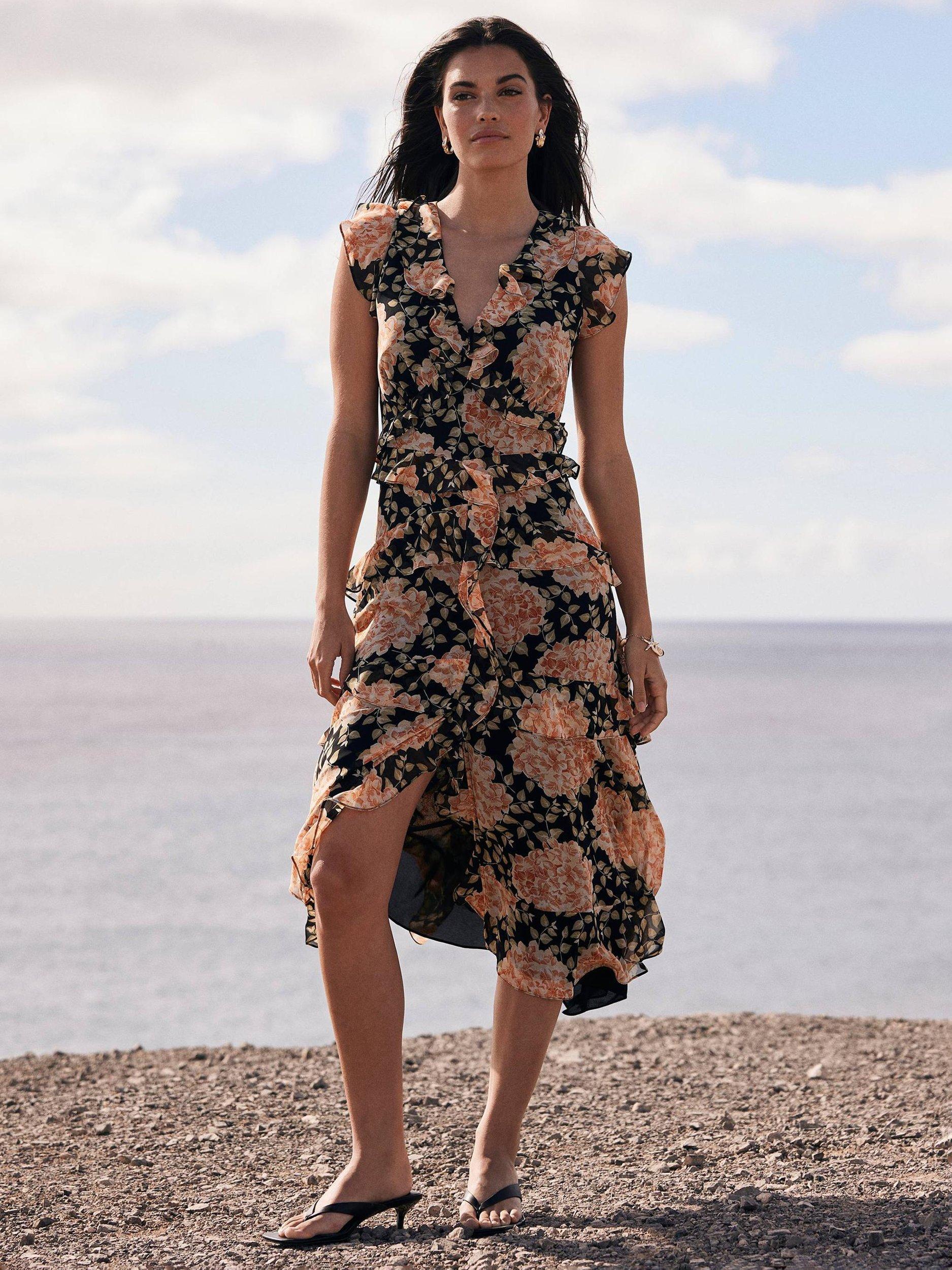 Product image 1 of 7, which shows Mint Velvet Sleeveless Floral Print Midi Dress, Orange/Multi, 6