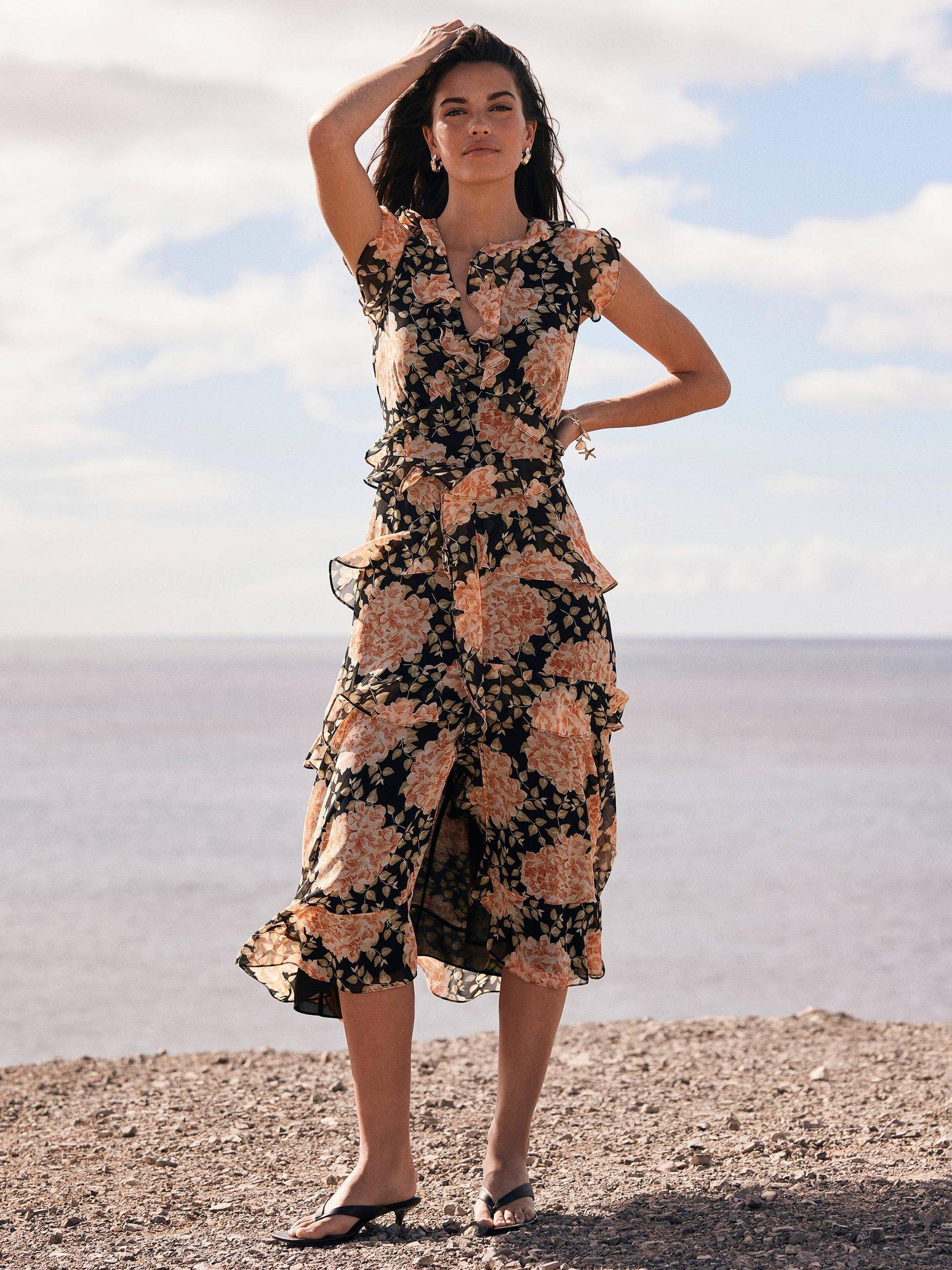Product image 3 of 7, which shows Mint Velvet Sleeveless Floral Print Midi Dress, Orange/Multi, 6
