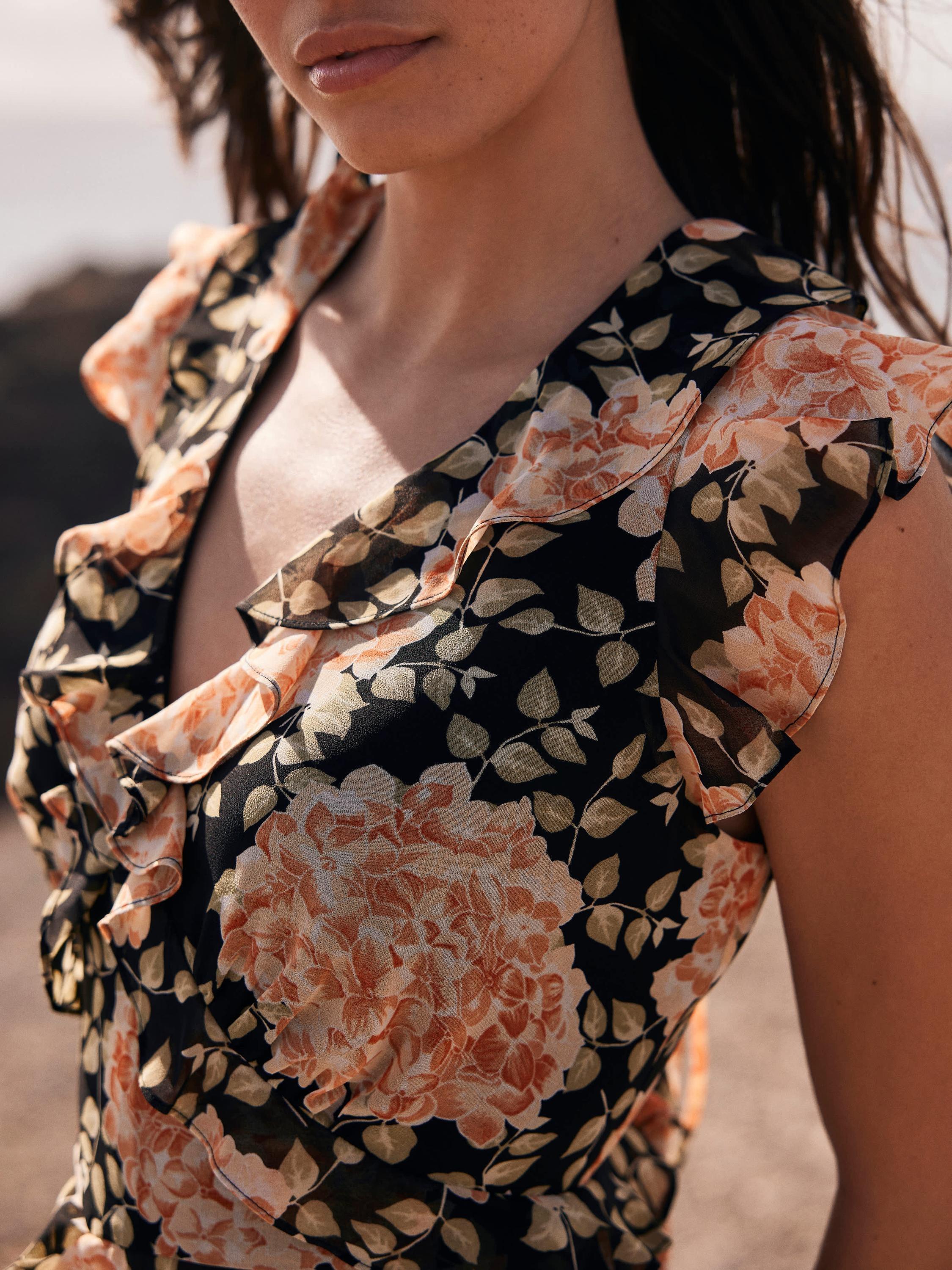 Product image 4 of 7, which shows Mint Velvet Sleeveless Floral Print Midi Dress, Orange/Multi, 6