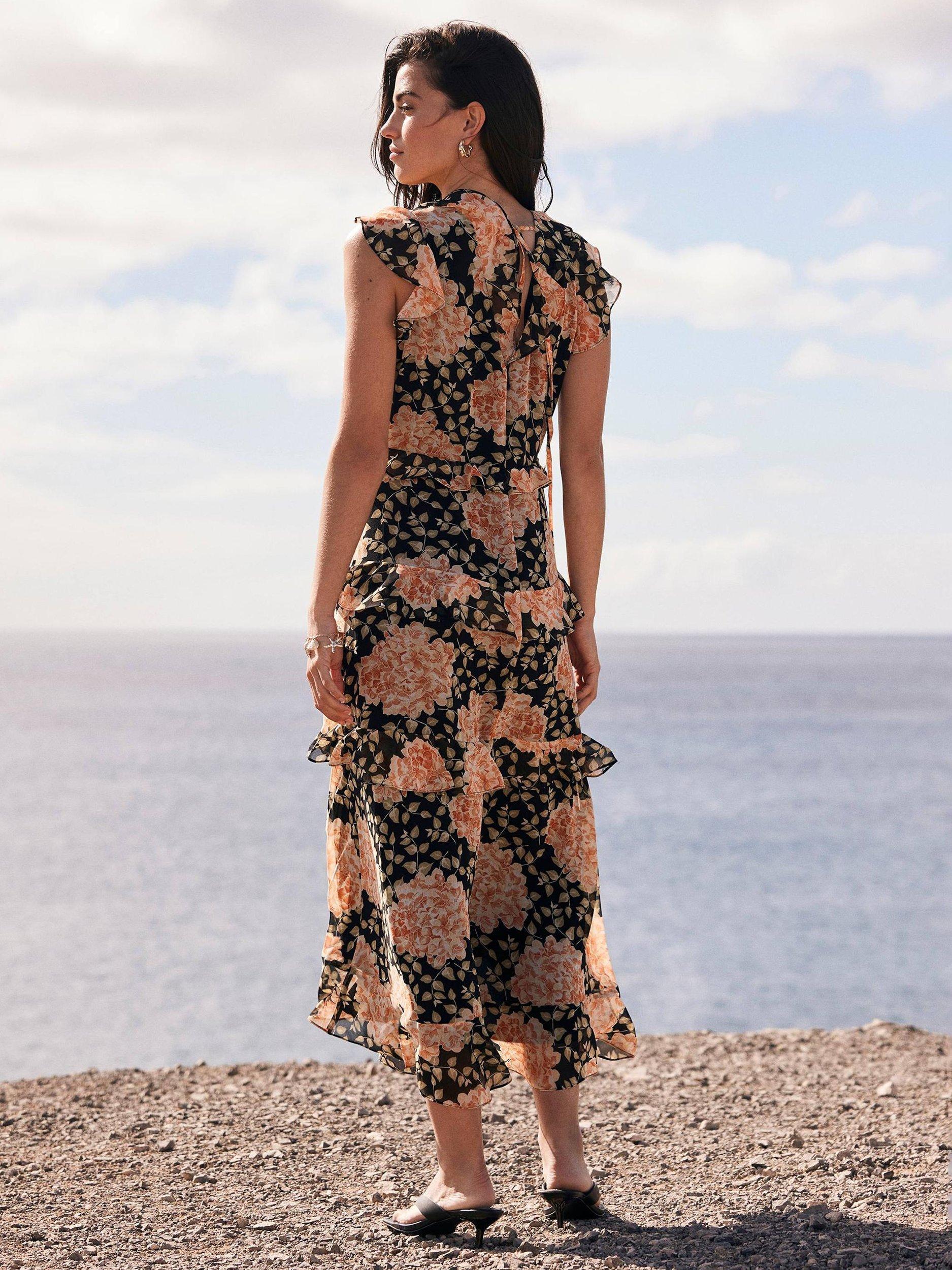 Product image 5 of 7, which shows Mint Velvet Sleeveless Floral Print Midi Dress, Orange/Multi, 6