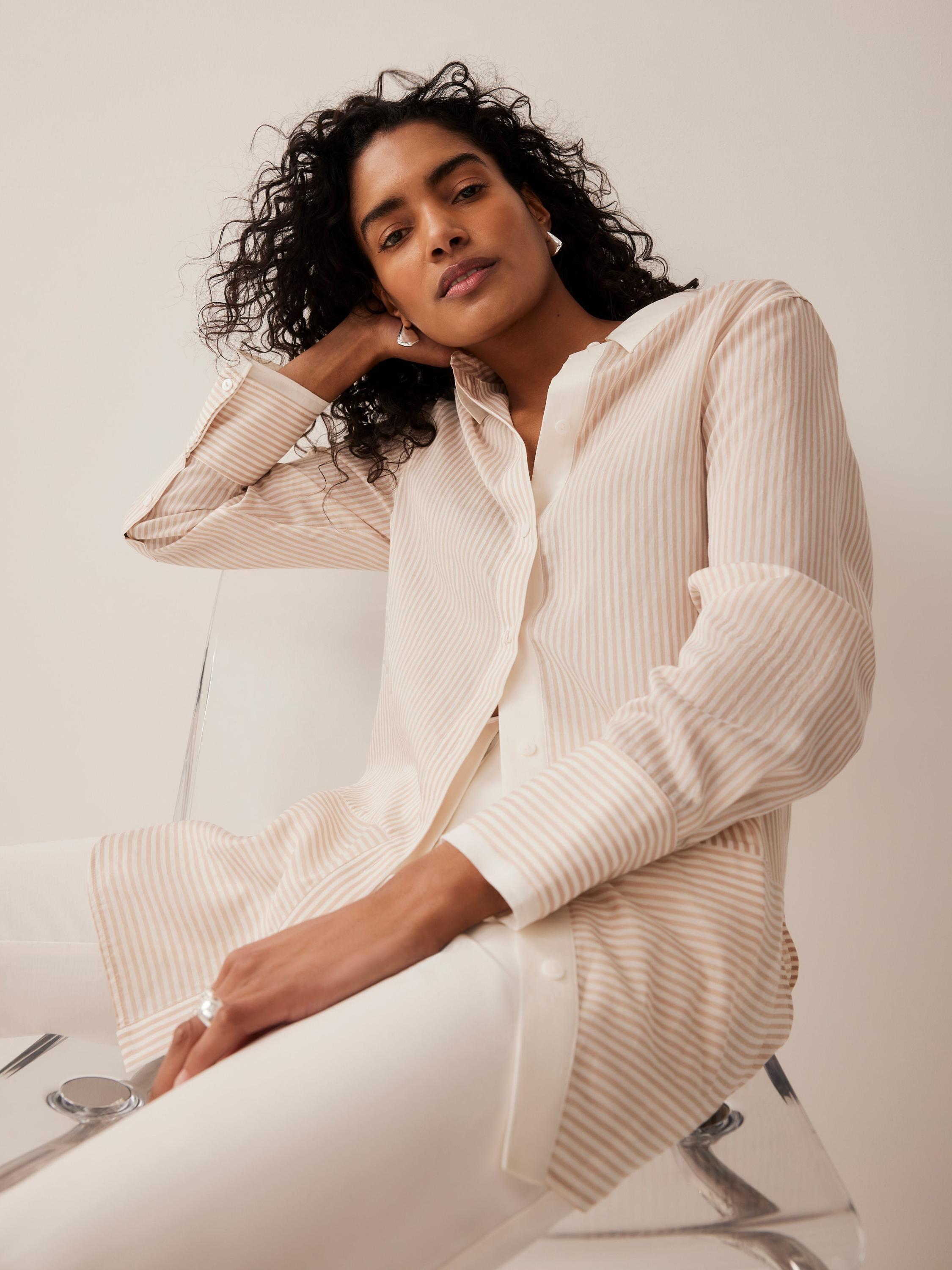 Product image 2 of 8, which shows Mint Velvet Striped Longline Shirt, Natural/Multi, S