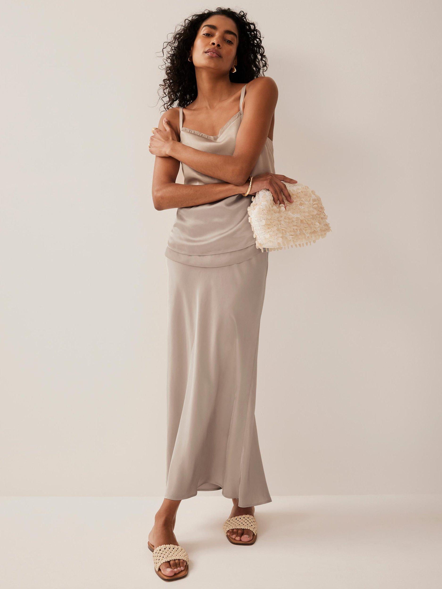 Product image 3 of 6, which shows Mint Velvet Bias Cut Satin Midi Skirt, Natural, XS