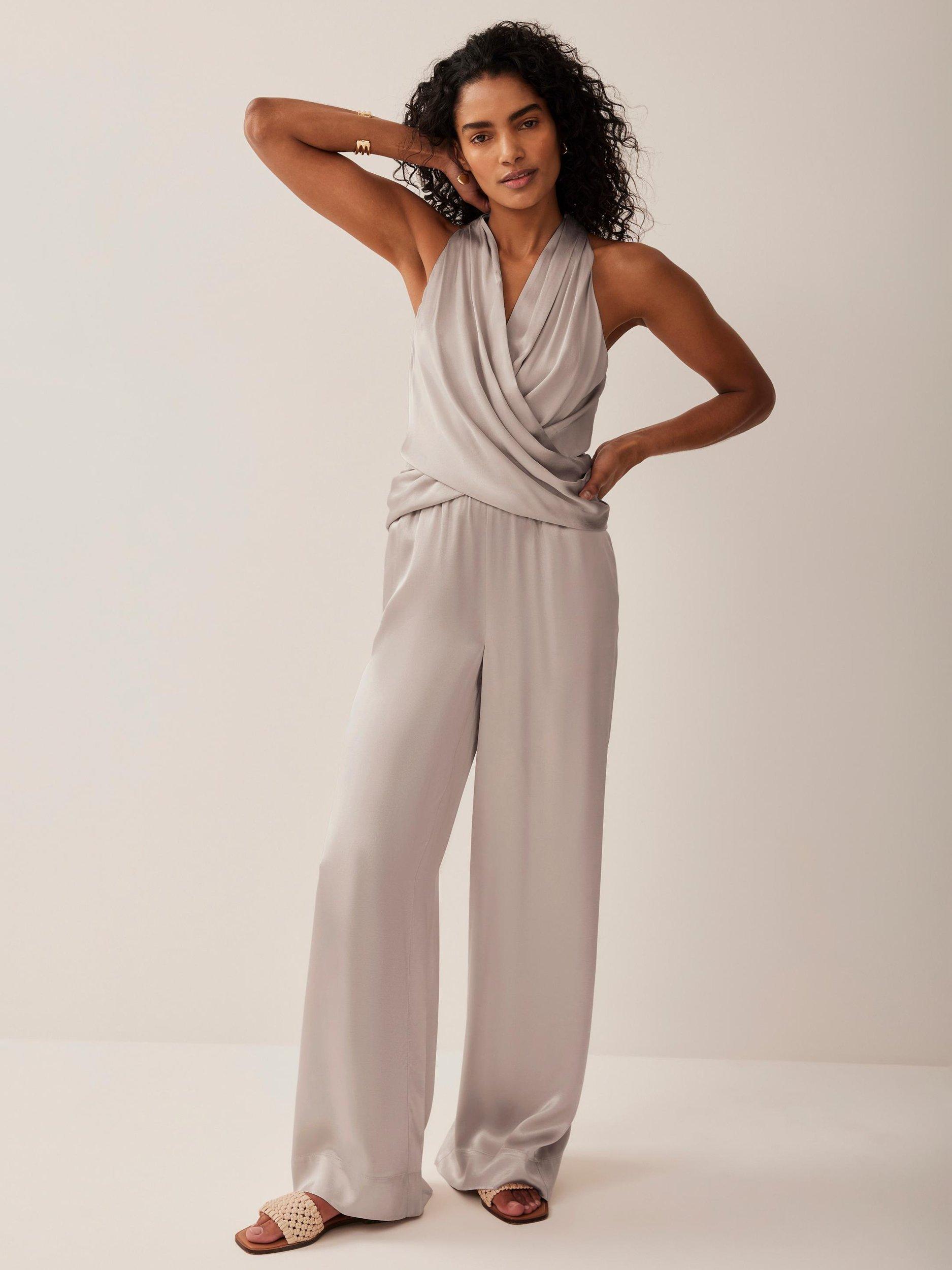 Product image 3 of 6, which shows Mint Velvet Satin Wide Leg Trousers, Natural, L Reg