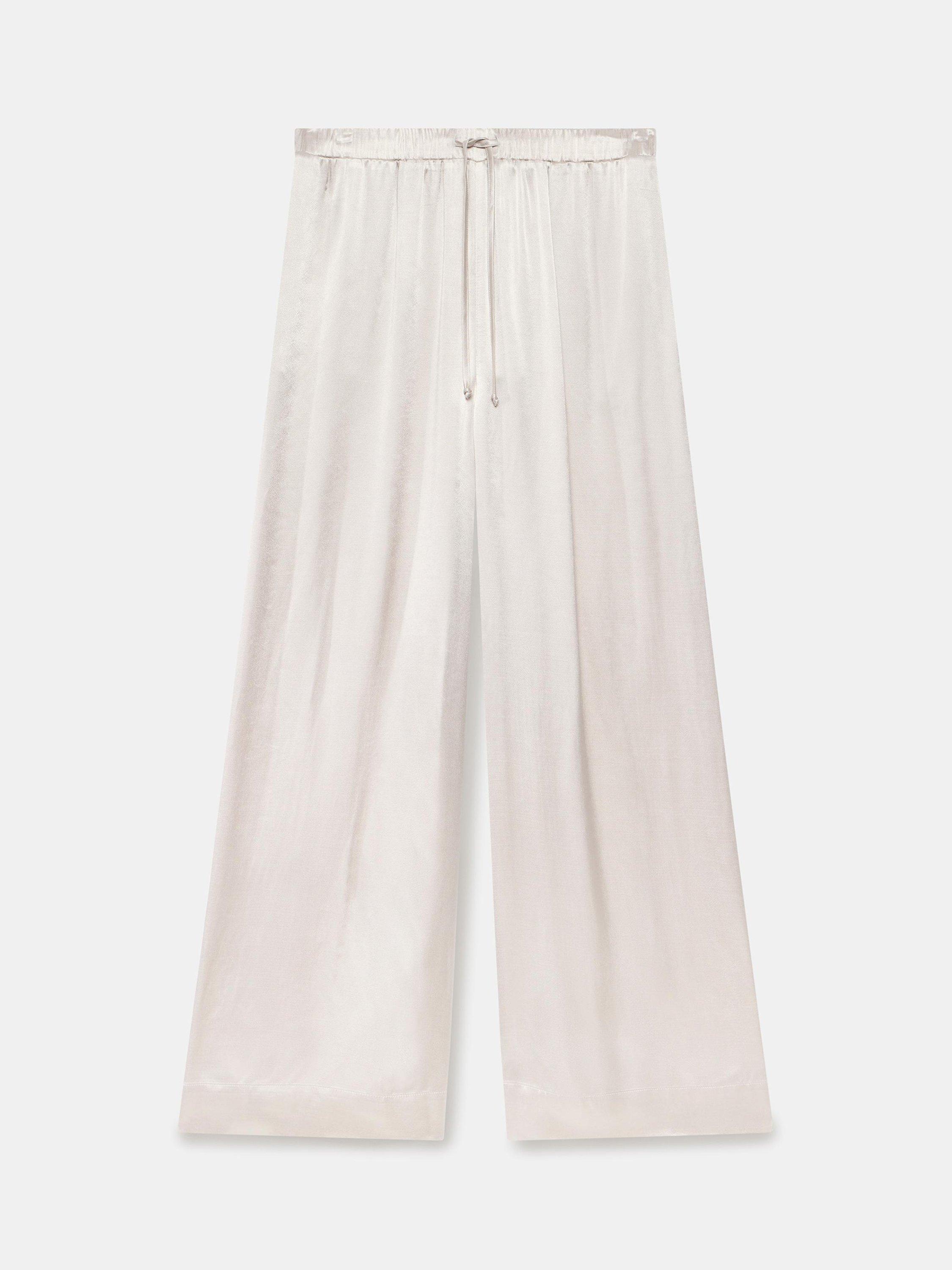 Product image 5 of 6, which shows Mint Velvet Satin Wide Leg Trousers, Natural, L Reg
