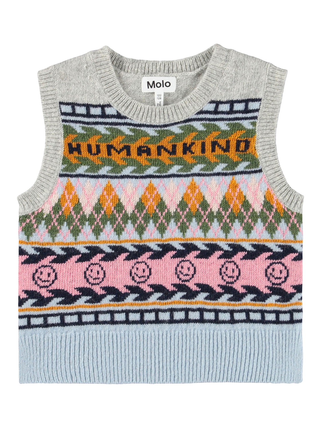 Product image 1 of 4, which shows Molo Kids' Grace Wool Sleeveless Vest, Kind Argyle, 3-4 years