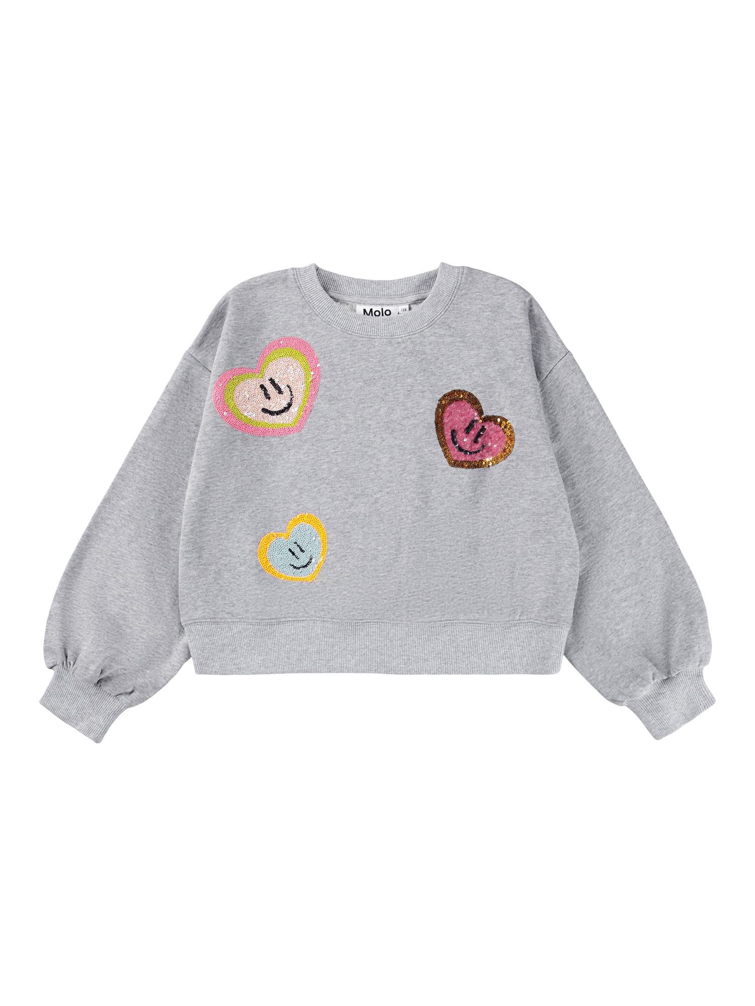 Product image 1 of 2, which shows Molo Kids' Miki Heart Jumper, Grey Melange, 4 years