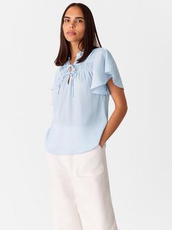 Whistles Tie Front Frill Sleeve Top, Pale Blue