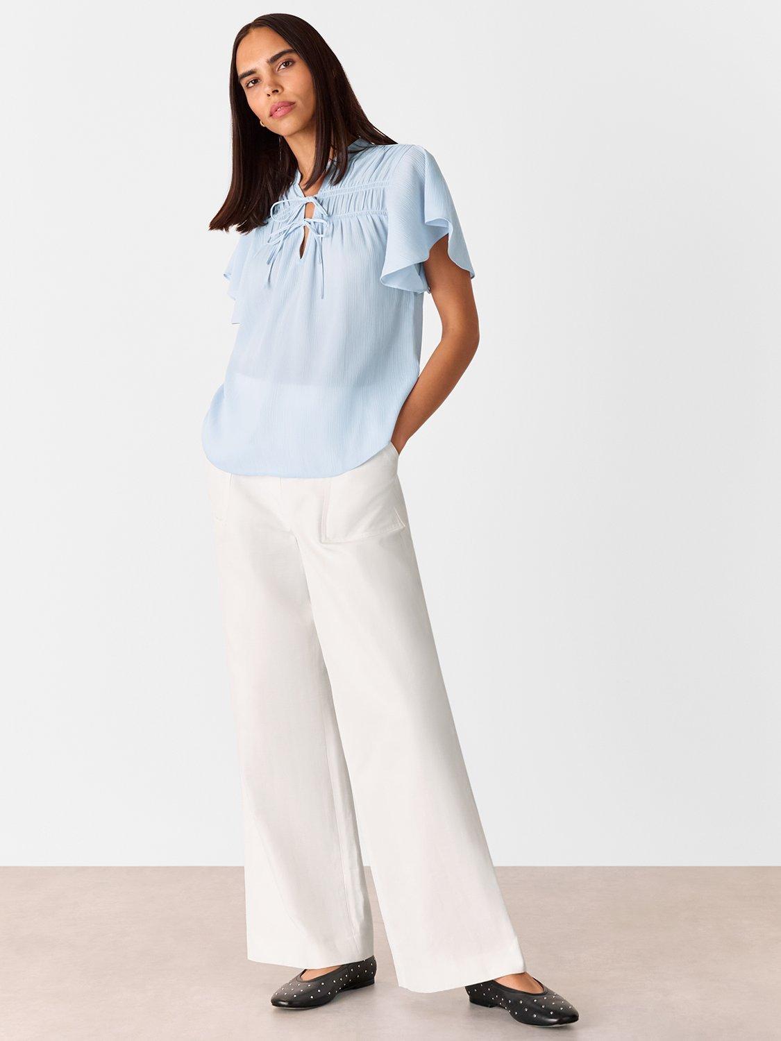 Product image 3 of 5, which shows Whistles Tie Front Frill Sleeve Top, Pale Blue, 6