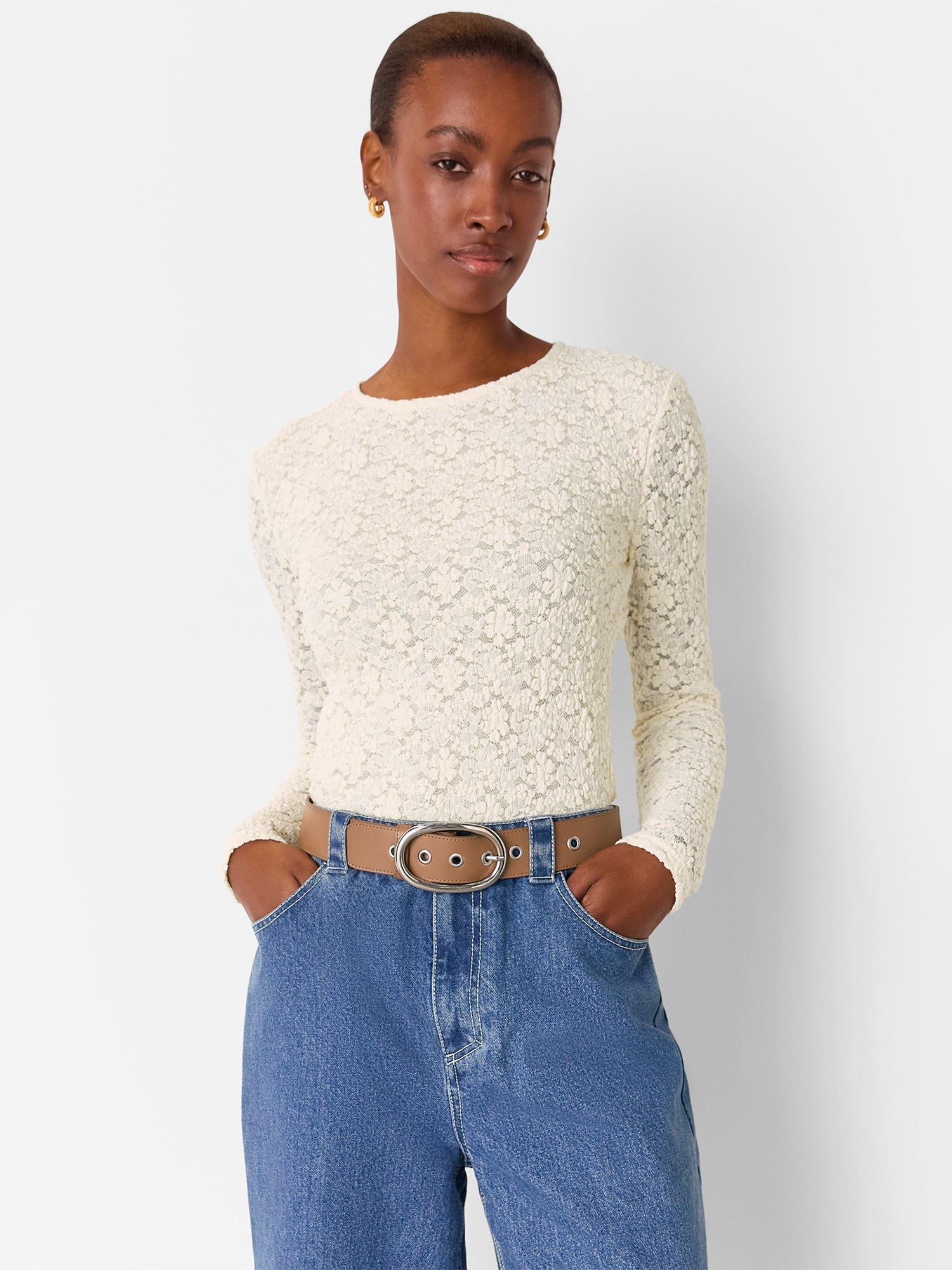 Product image 1 of 5, which shows Whistles Jersey Long Sleeve Mixed Blend Lace Top, Ivory, 6
