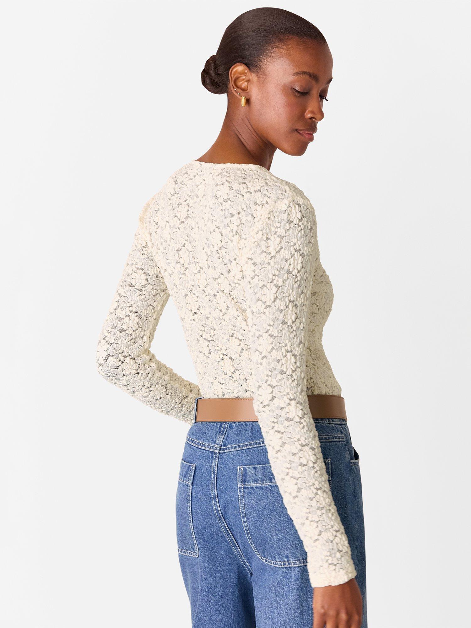 Product image 2 of 5, which shows Whistles Jersey Long Sleeve Mixed Blend Lace Top, Ivory, 6