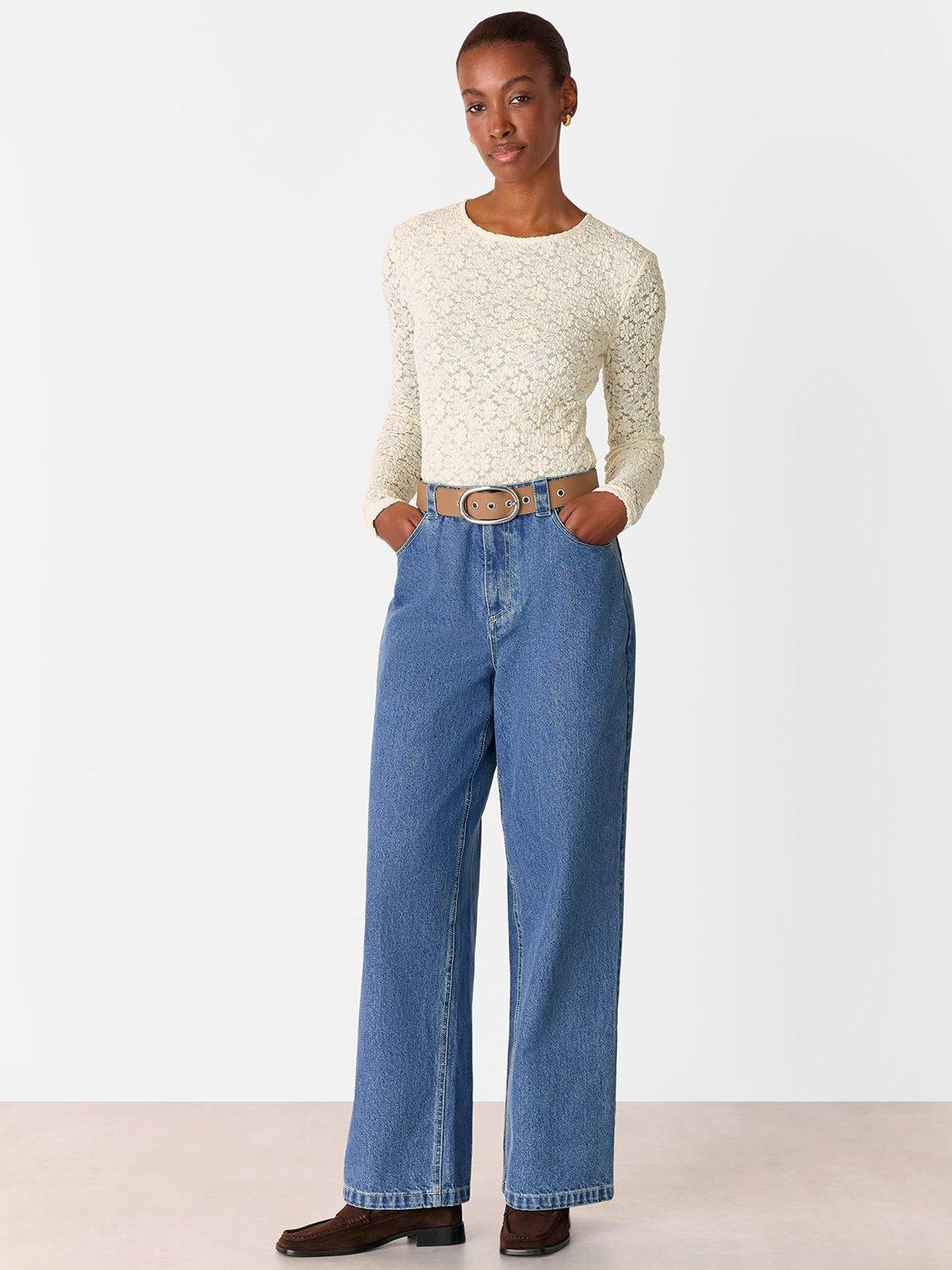Product image 4 of 5, which shows Whistles Jersey Long Sleeve Mixed Blend Lace Top, Ivory, 6