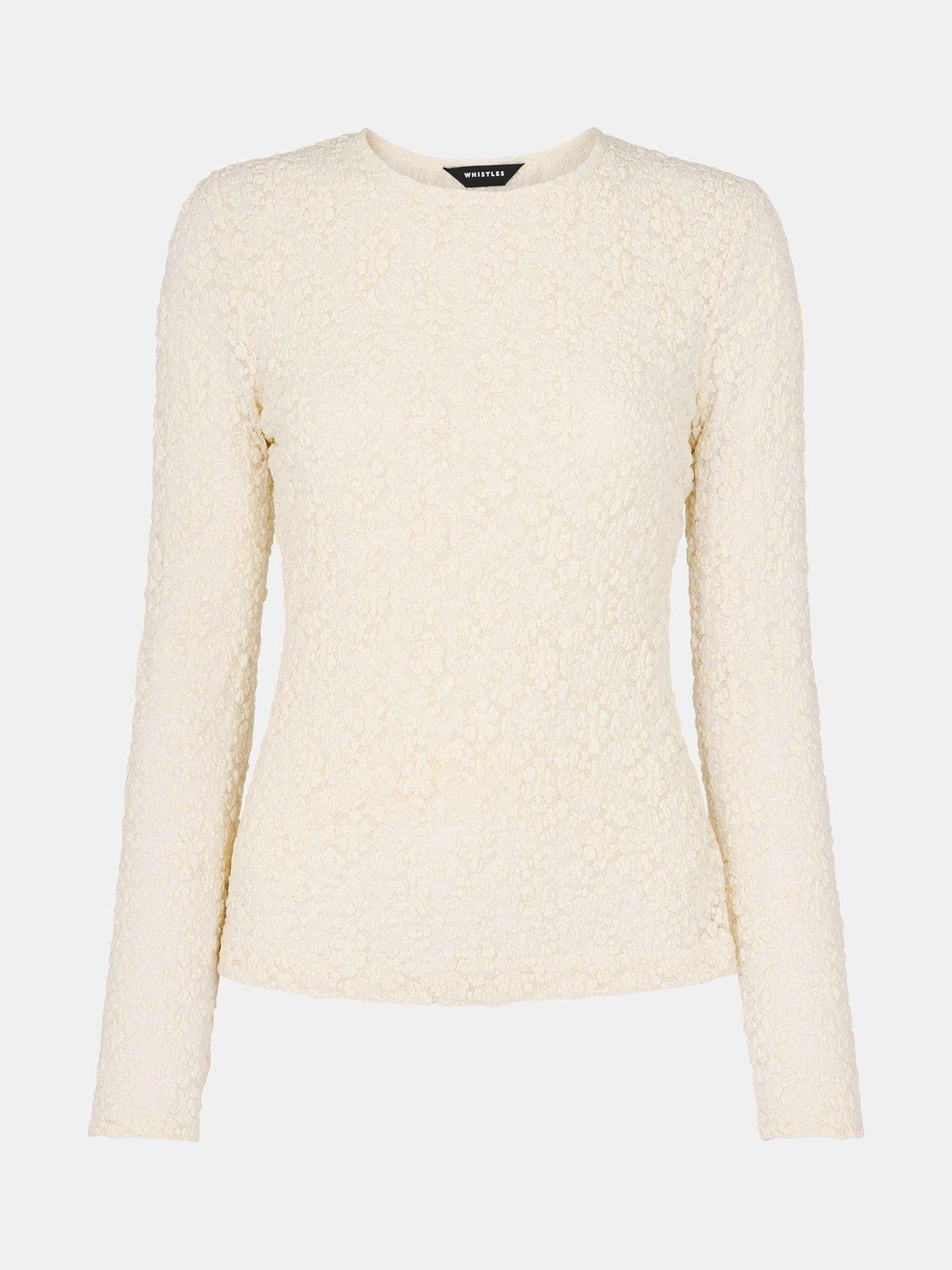 Product image 5 of 5, which shows Whistles Jersey Long Sleeve Mixed Blend Lace Top, Ivory, 6
