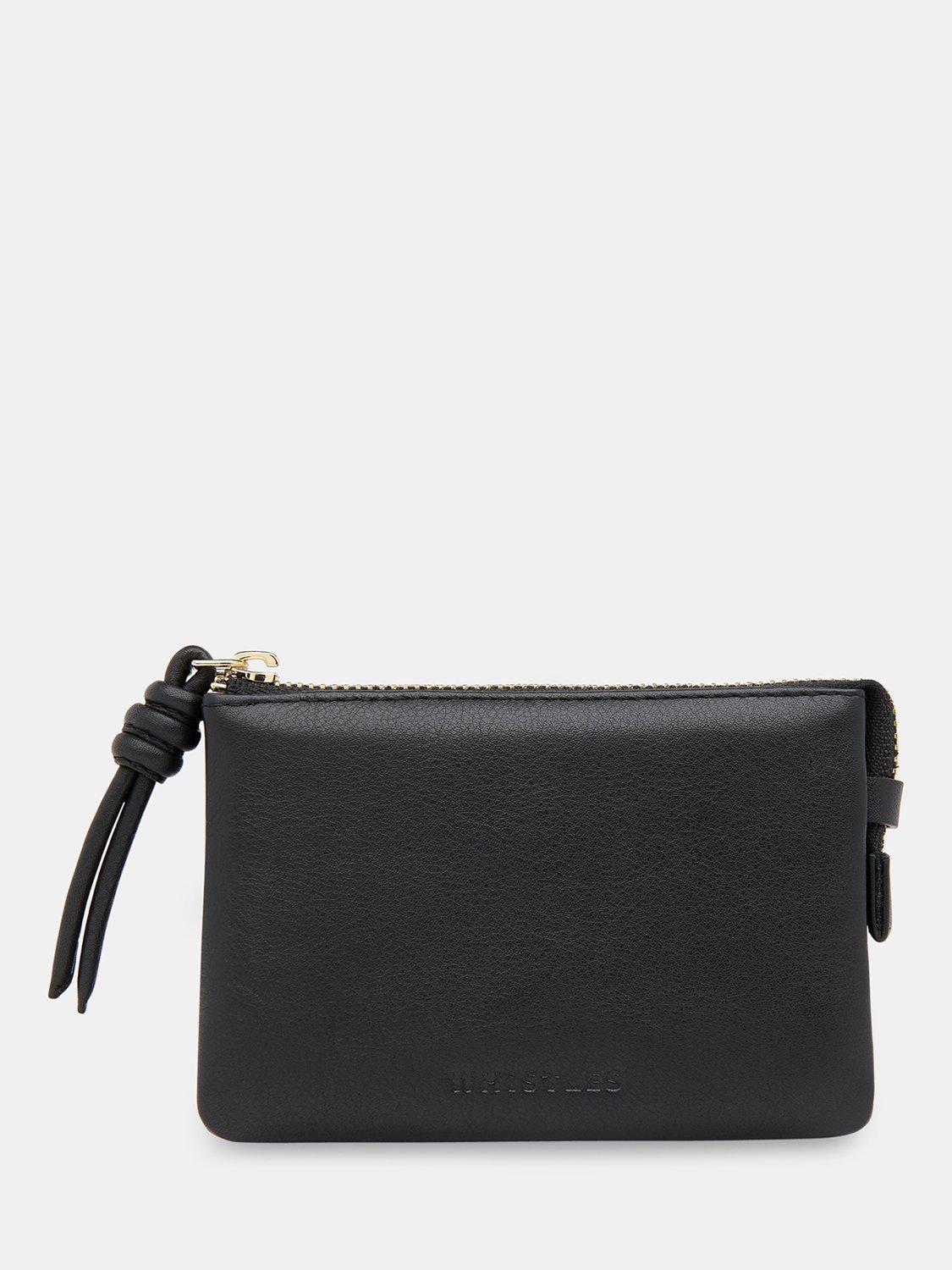Product image 1 of 4, which shows Whistles Knotted Zip Pull Leather Purse, Black