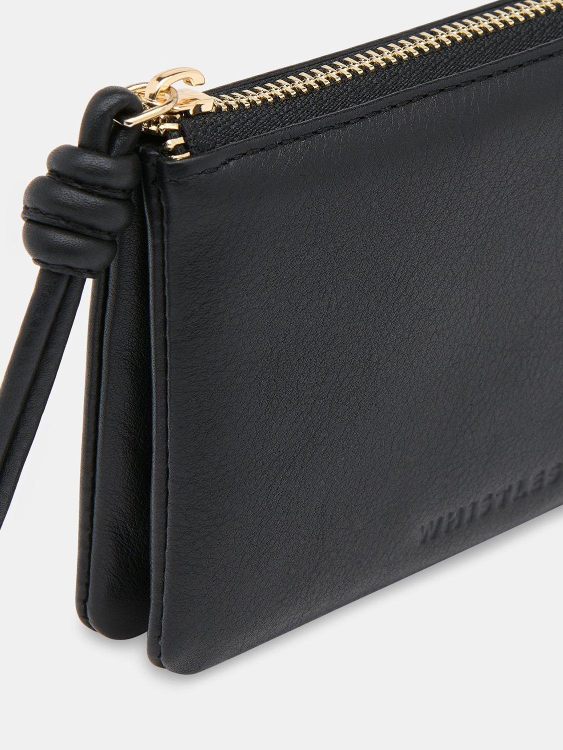 Product image 4 of 4, which shows Whistles Knotted Zip Pull Leather Purse, Black