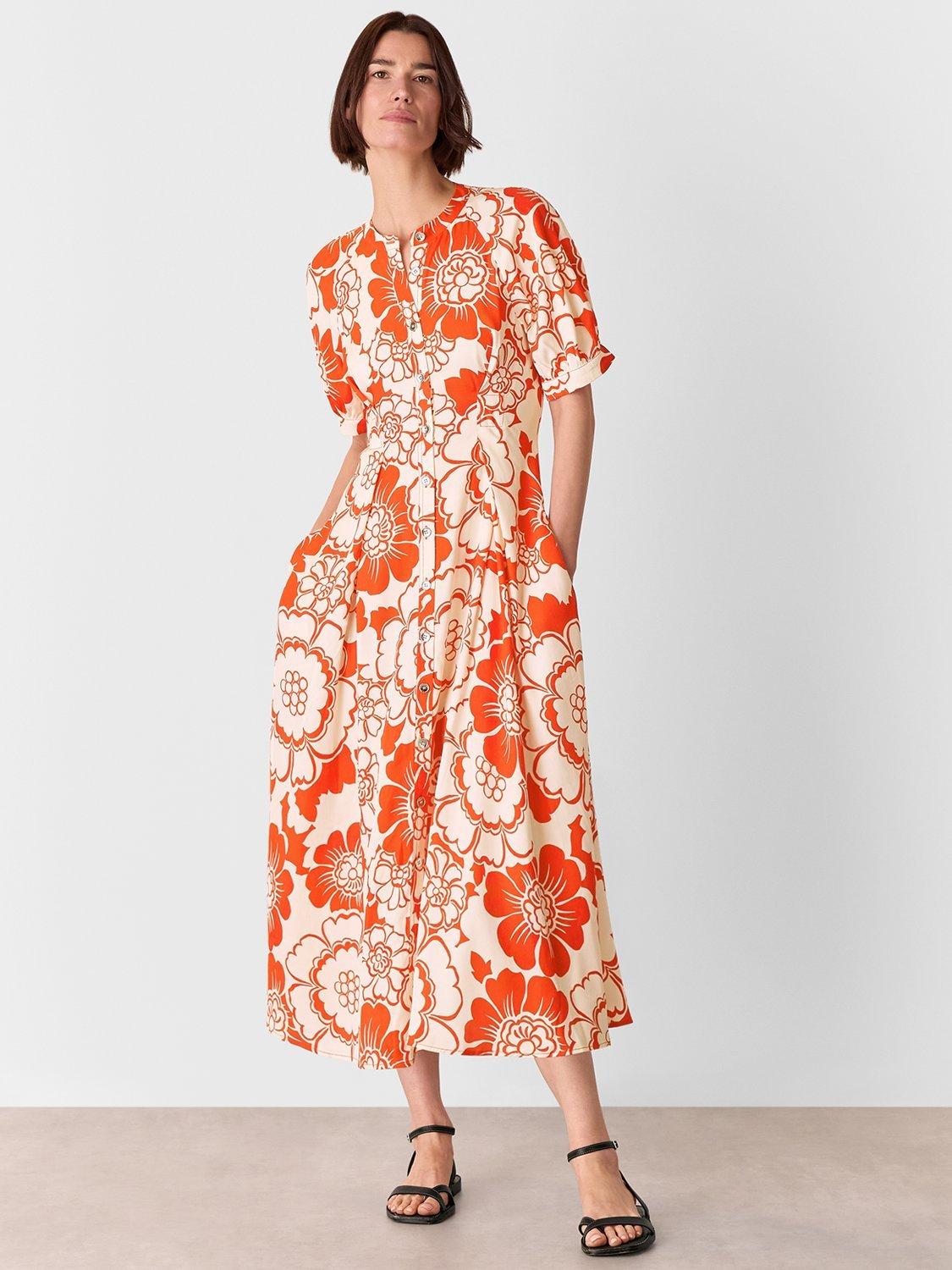 Product image 1 of 5, which shows Whistles Bloom Floral Midi Dress, Red/Multi, 10