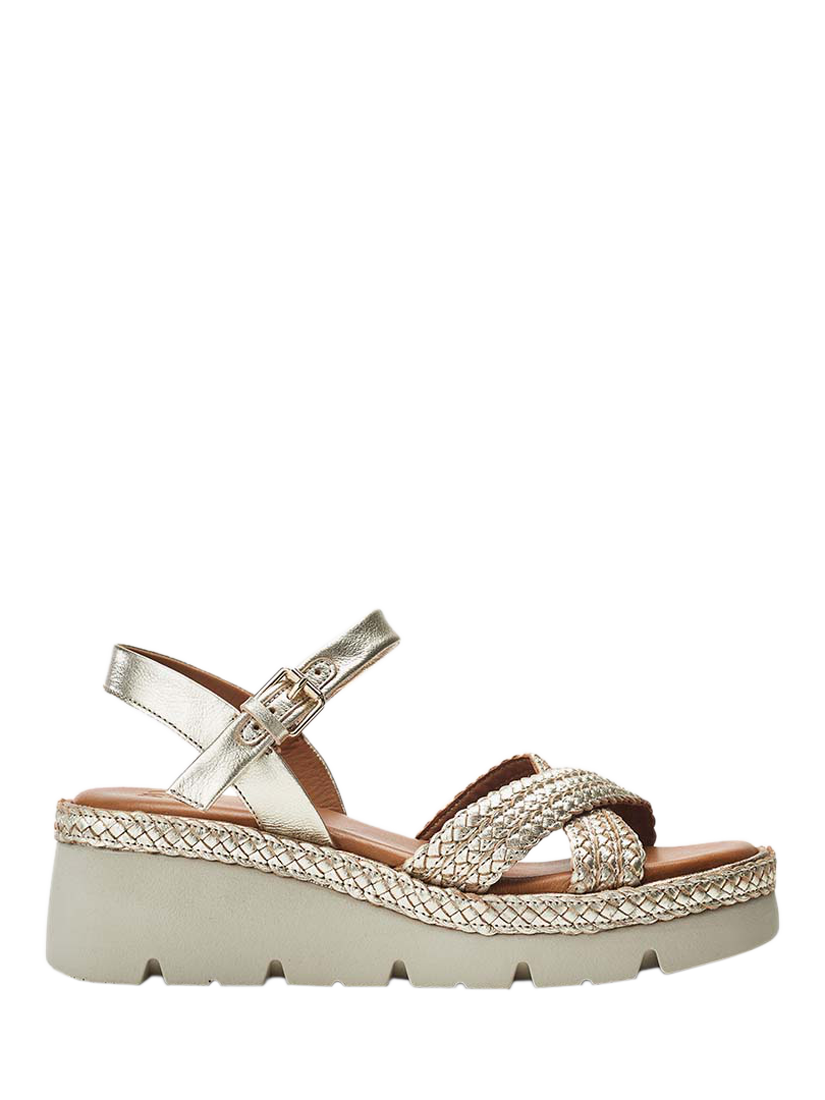 Product image 1 of 4, which shows Moda in Pelle Keroya Woven Leather Strap Wedge Heel Sandals, Gold, 3