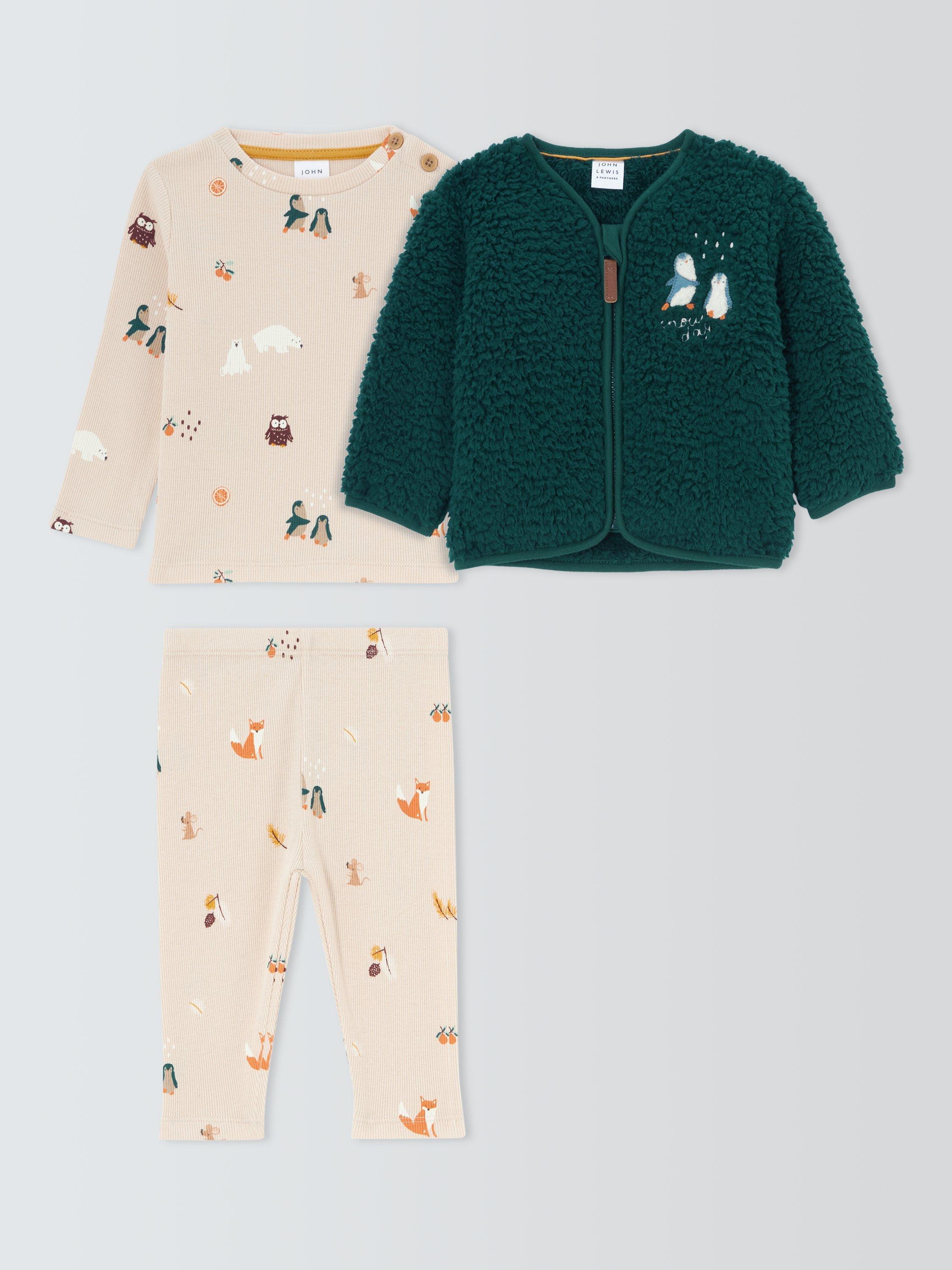 Product image 1 of 3, which shows John Lewis Baby Borg Jacket, Ribbed Top & Leggings Set, Multi, 0-3 months