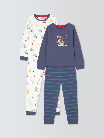 John Lewis Kids' Christmas Tree Pyjamas, Pack of 2, Navy, Navy