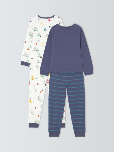John Lewis Kids' Christmas Tree Pyjamas, Pack of 2, Navy - view 2, Navy