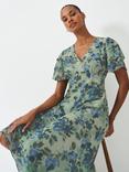 Crew Clothing Henley Flutter Sleeve Floral Dress, Mid Green