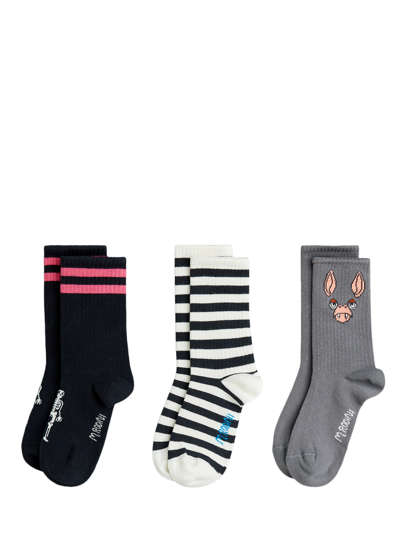 Product image 1 of 1, which shows Mini Rodini Kids' Cotton Blend Bat Socks, Pack of 3, Multi, XS