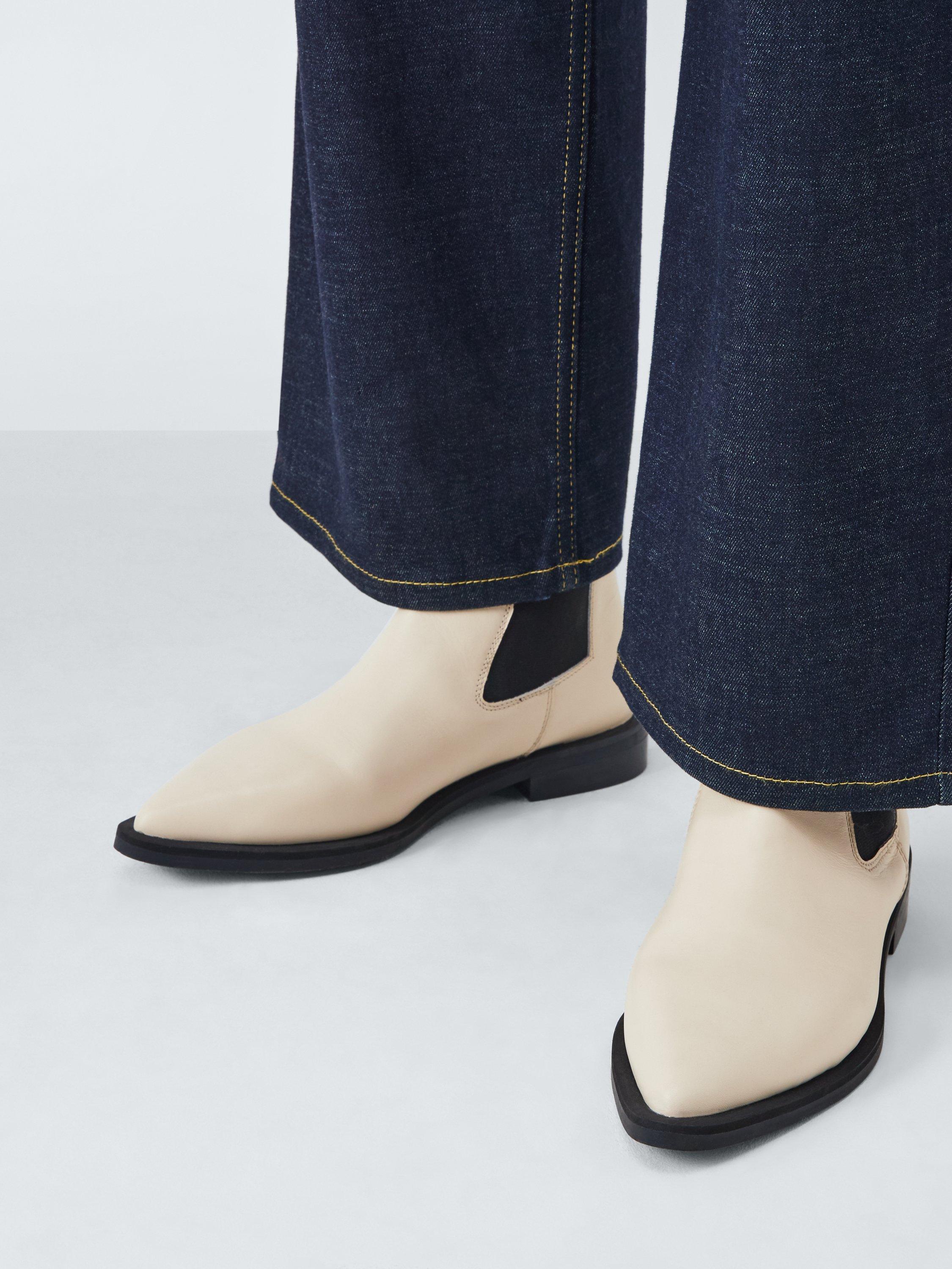Product image 2 of 6, which shows John Lewis Pew Leather Flat Pointed Ankle Boots, Off White, 3