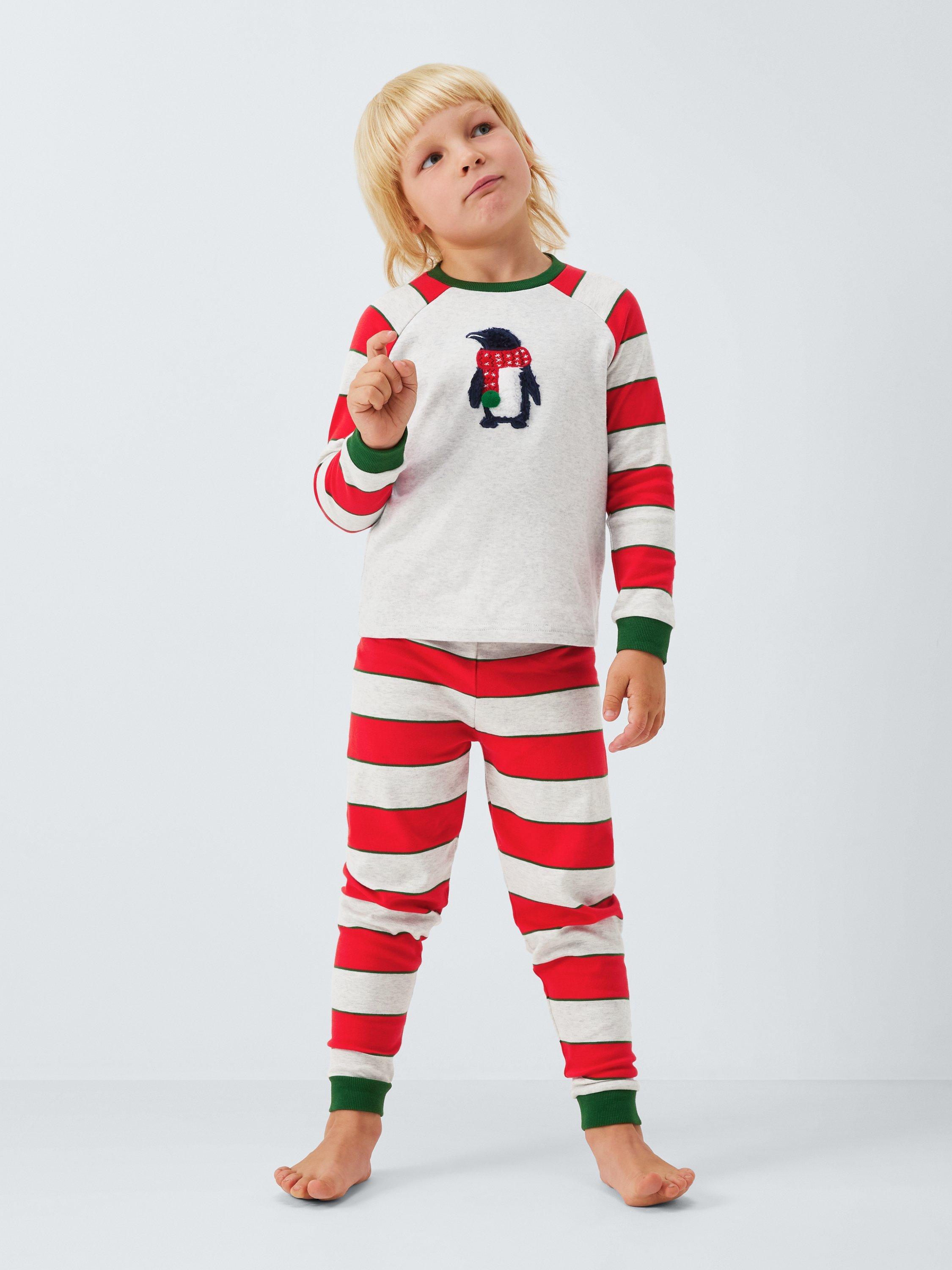 Product image 1 of 6, which shows John Lewis Kids' Pengiun Appliqué Pyjamas, Red Multi, 4 years