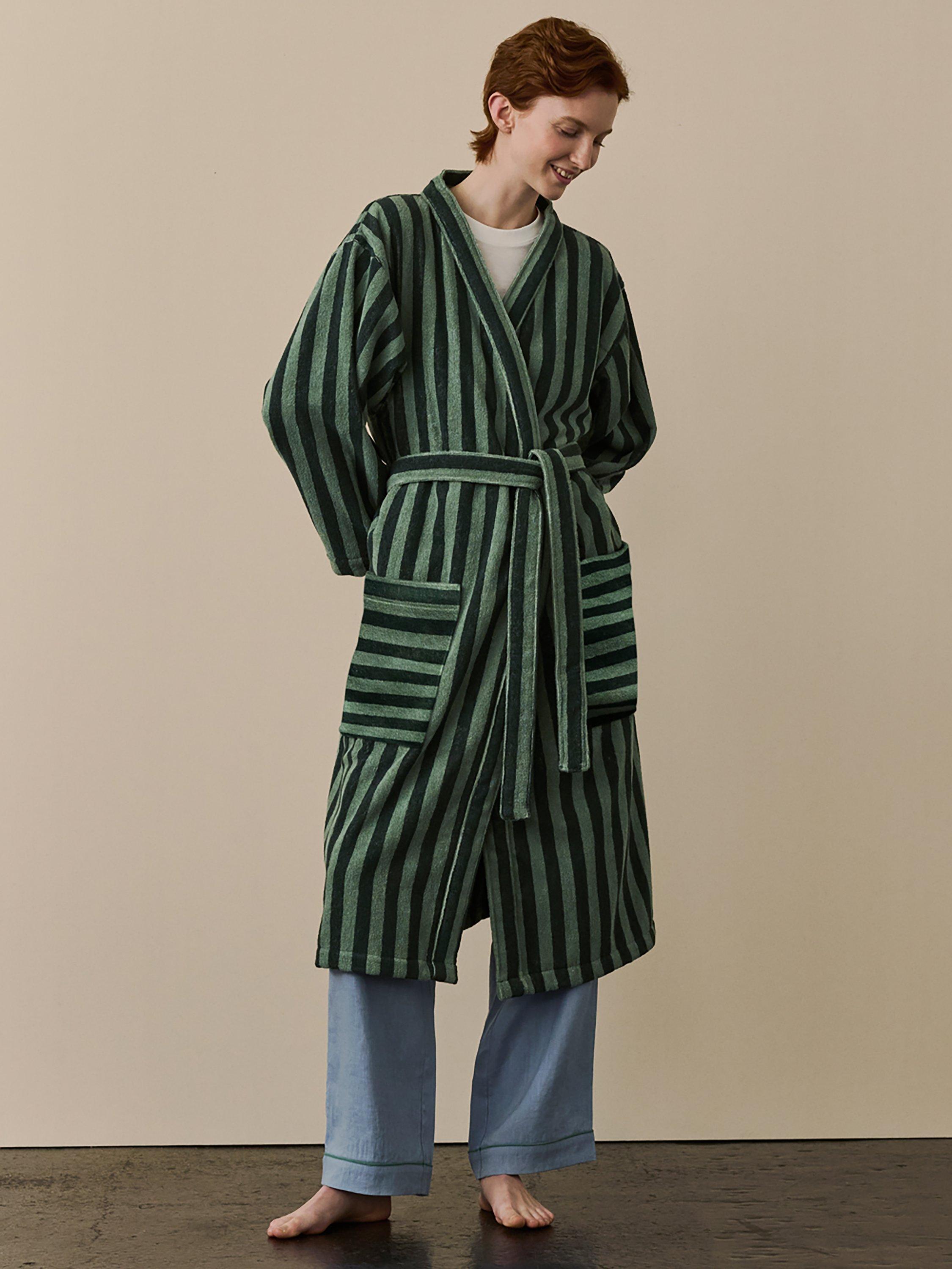 Product image 1 of 4, which shows Piglet in Bed Pembroke Stripe Dressing Gown, Pine Green, S-M