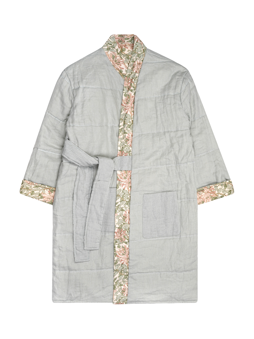 Product image 3 of 4, which shows Piglet in Bed Morris & Co. Honeysuckle Linen Robe, Soft Sage, S-M