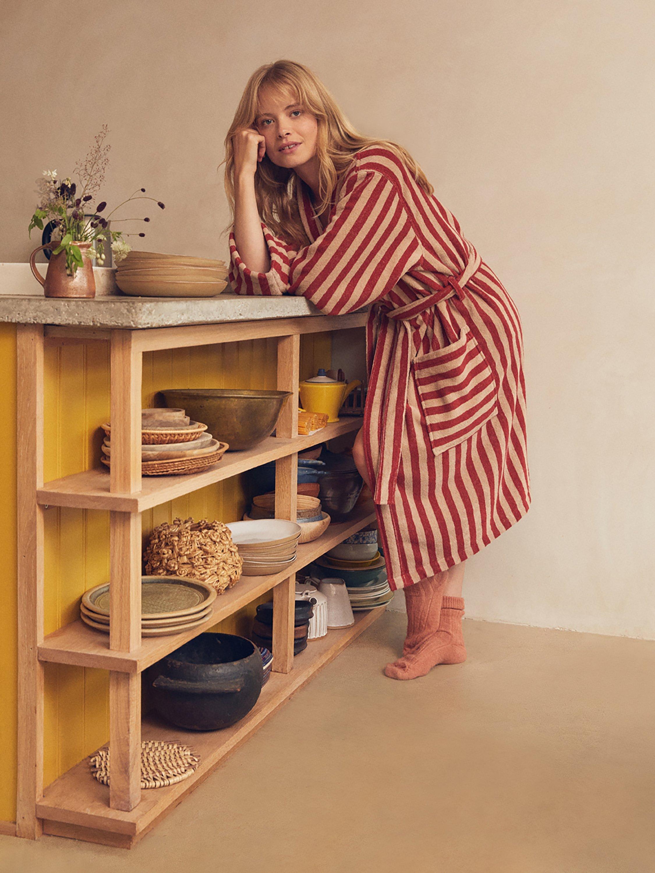 Product image 1 of 4, which shows Piglet in Bed Pembroke Stripe Dressing Gown, Sandstone Red, S-M