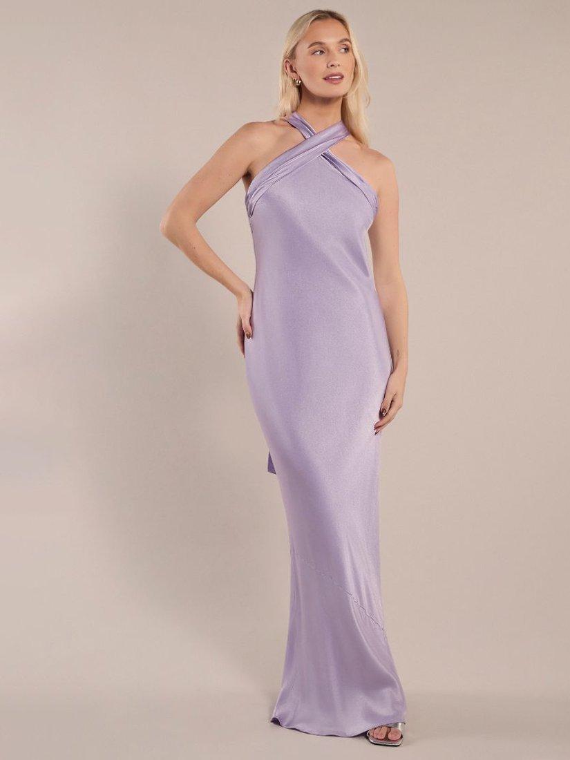 Product image 1 of 7, which shows Rewritten Roma Satin Halter Neck Bridesmaids Dress, Lilac, 8